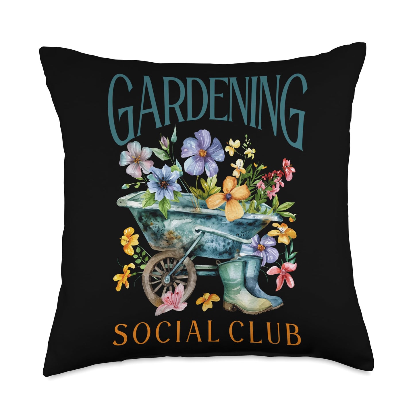 Gardening Social Club Colorful Flowers Wheelbarrow Throw Pillow