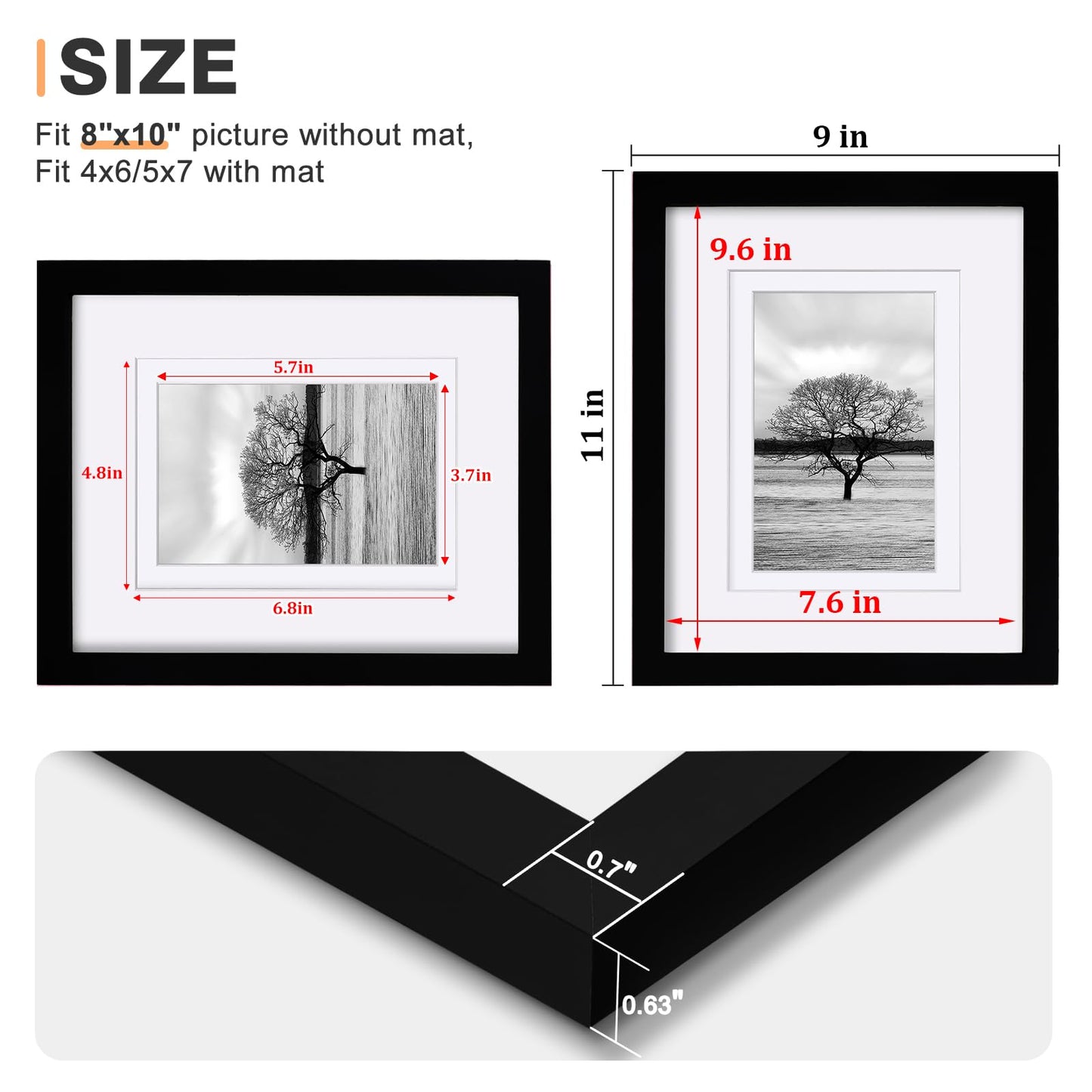 Egofine 8x10 Picture Frames Set of 4, Made of Solid Wood Covered by Plexiglass 4x6 and 5x7 with Mat or 8x10 without Mat, for Table Top Display and Wall Mounting Photo Frame Black