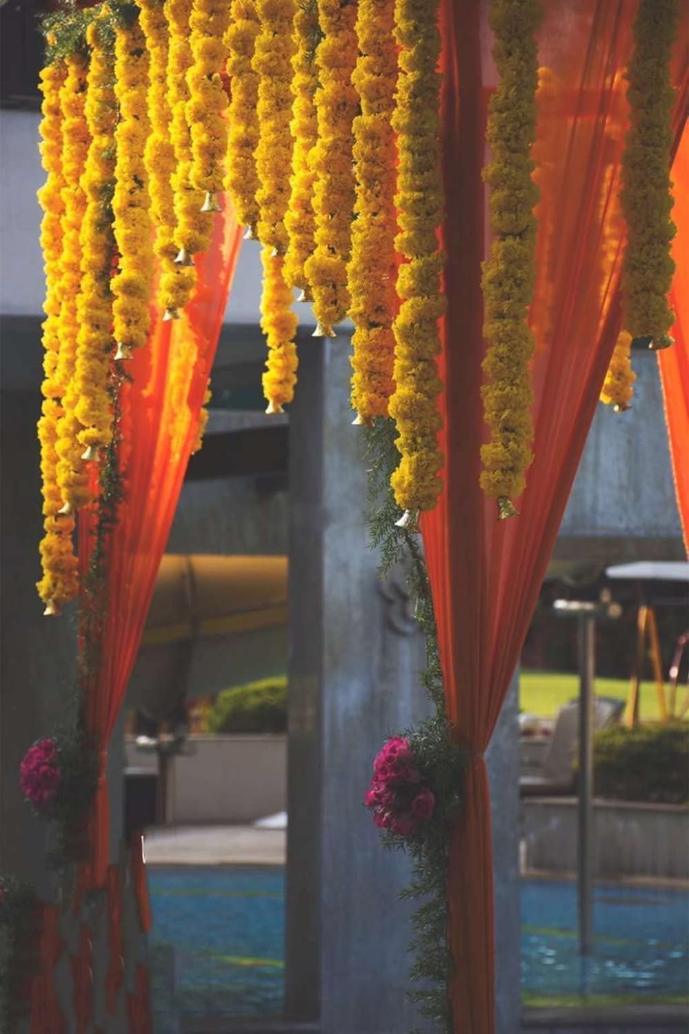 zig zag Artificial Marigold Garland (5pcs Pack) - Ideal for Weddings,Birthday, Christmas Decorations, and Diwali Celebrations, Faux Garlands 5 Strings - 4.5-5 Ft Long (Yellow)