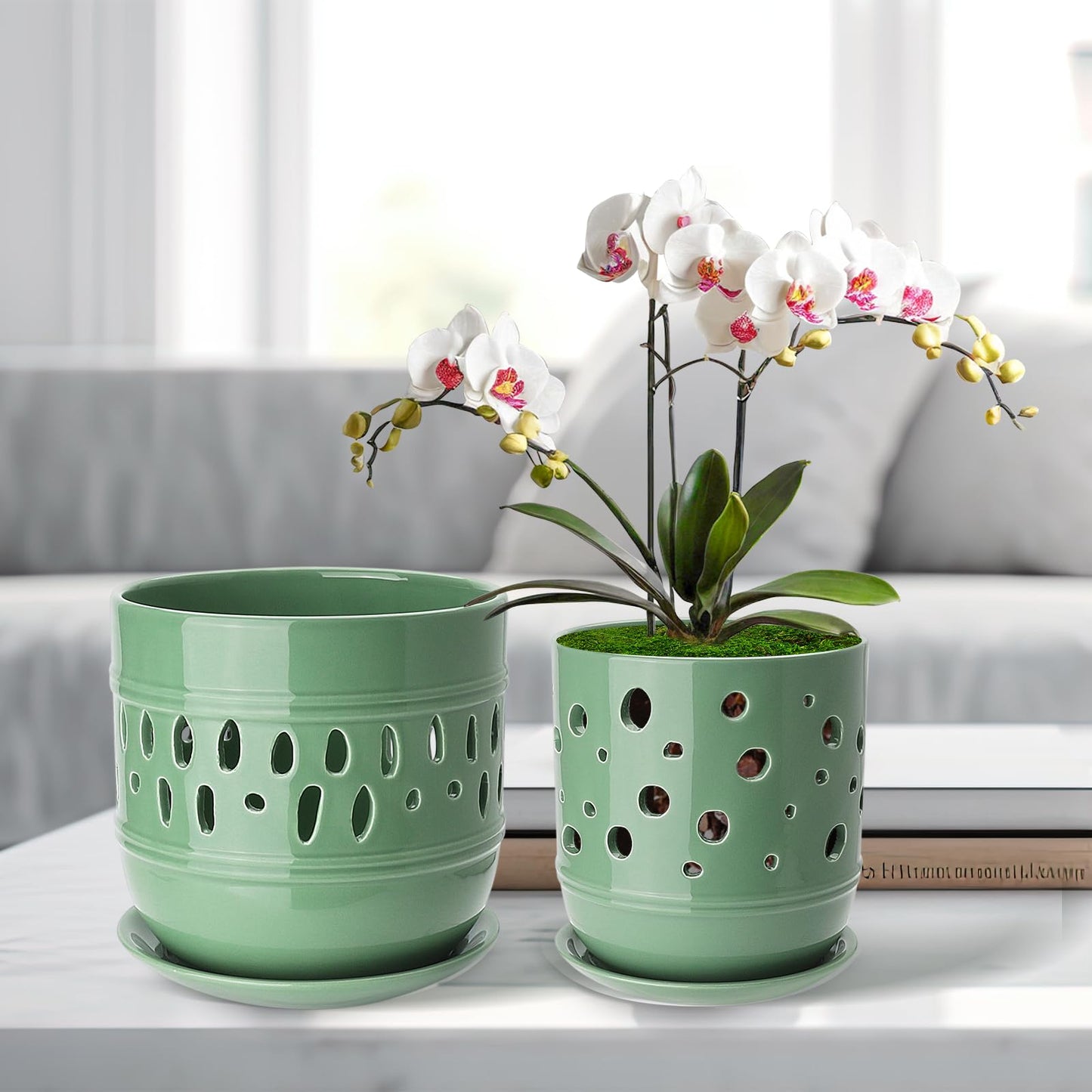 Orchid Pots with Holes, 5+6 Inch Large Orchid Pot with Drainage and Saucers, Ceramic Orchid Planter for Indoor/Outdoor Set of 2 Flower Pots - Pea Green