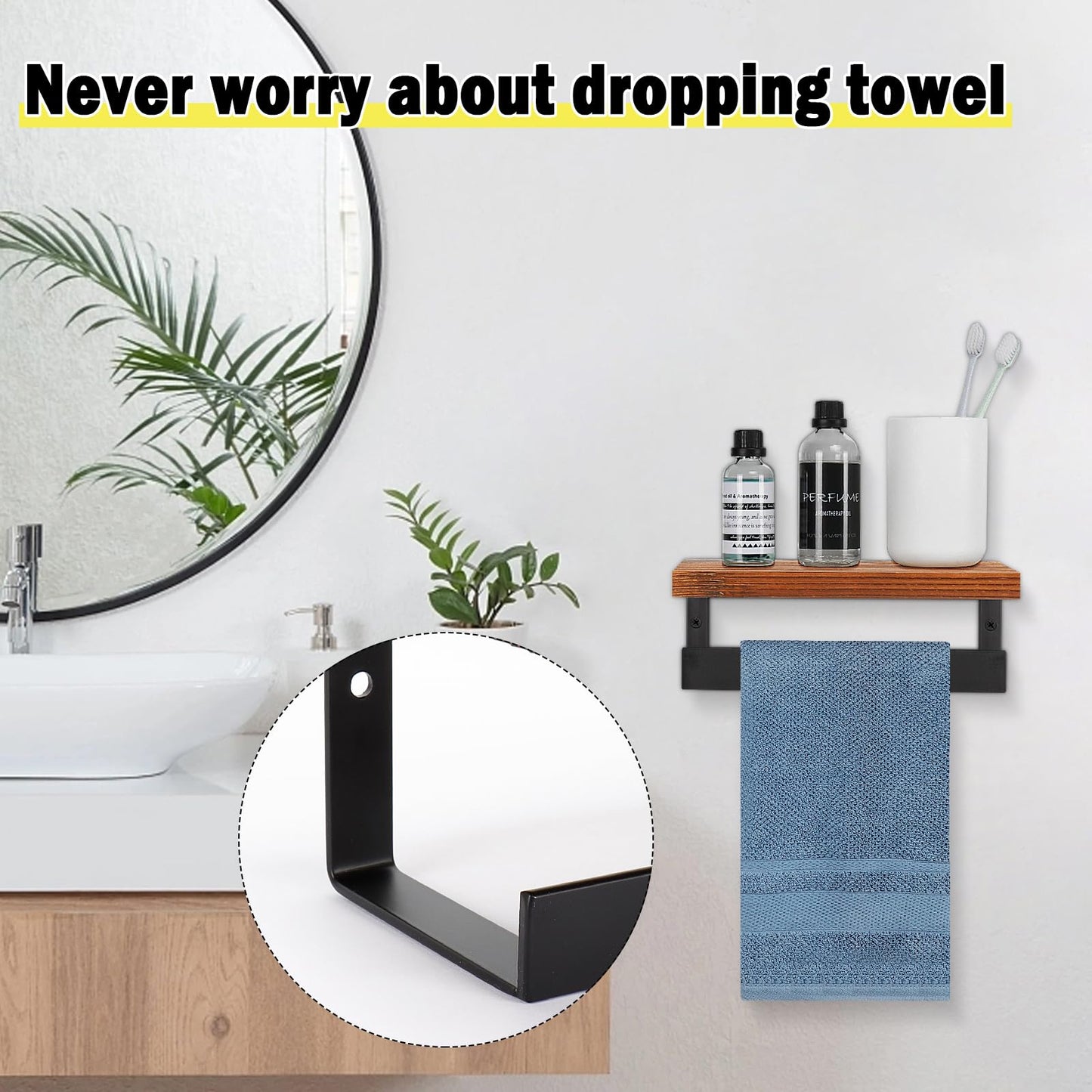 Winmien Hand Towel Holder/Towel Ring with Wooden Shelf, Hand Towel Rack, Hand Towel Hanger for Bathroom, Bath Accessories Wall Mounted, Matte Black (9"-Squ Shaped)