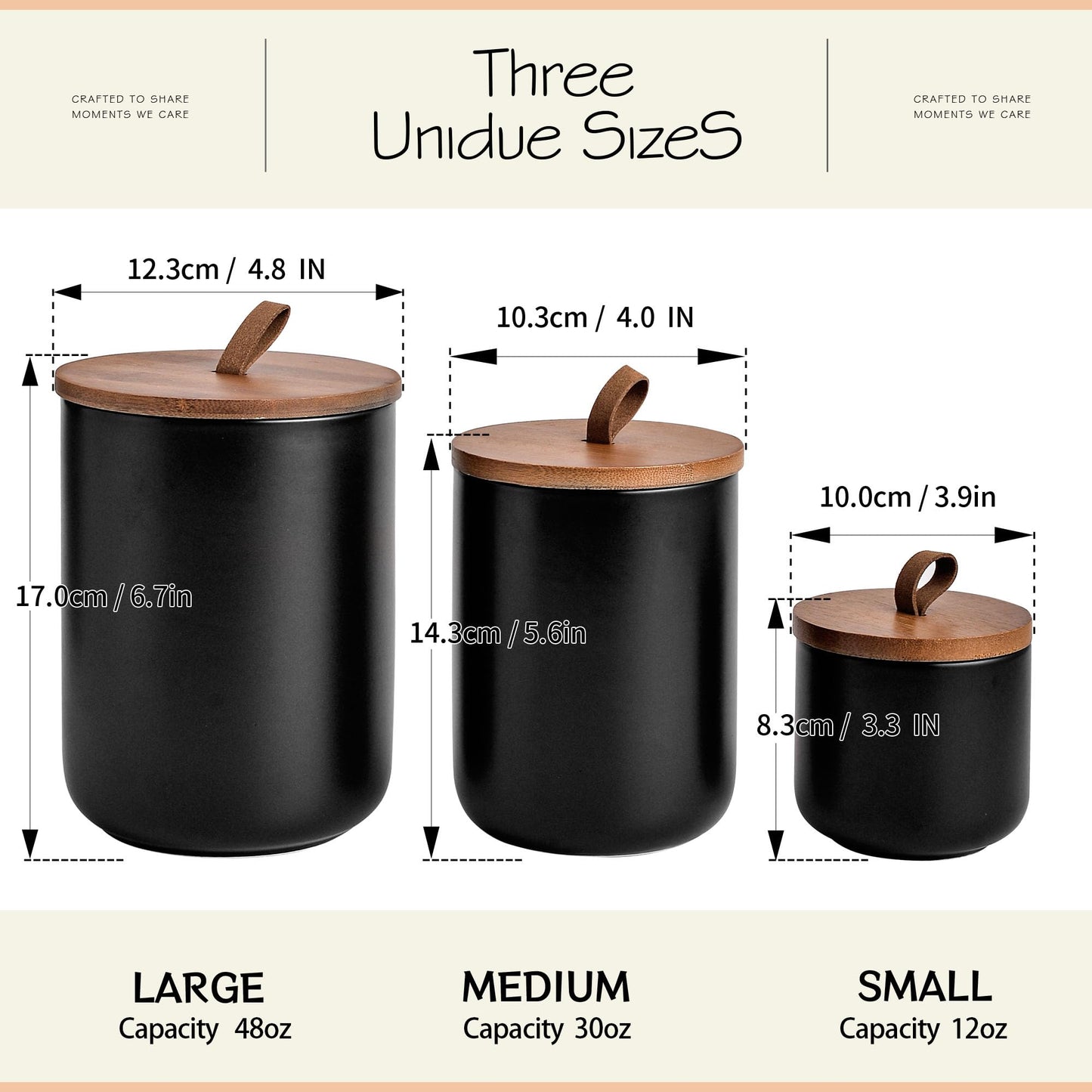 CoorFormer Black Ceramic Canister Set with Bamboo Lids, 3-Piece Airtight Food Storage Jars for Kitchen - Flour, Sugar, Coffee, Tea, Spice - Small, Medium, Large Sizes