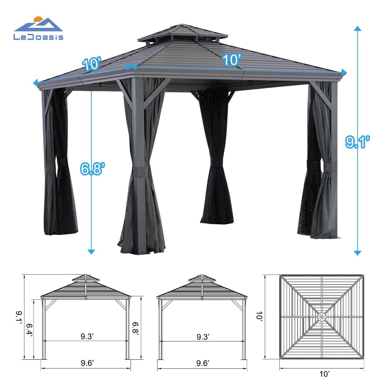 LeDoasis Nova 10' X 10' Permanent Hardtop Gazebo with Breathable Netting & Privacy Curtain, Heavy Duty Galvanized Steel Double Roof, Garden, Lawn, Deck, Backyard