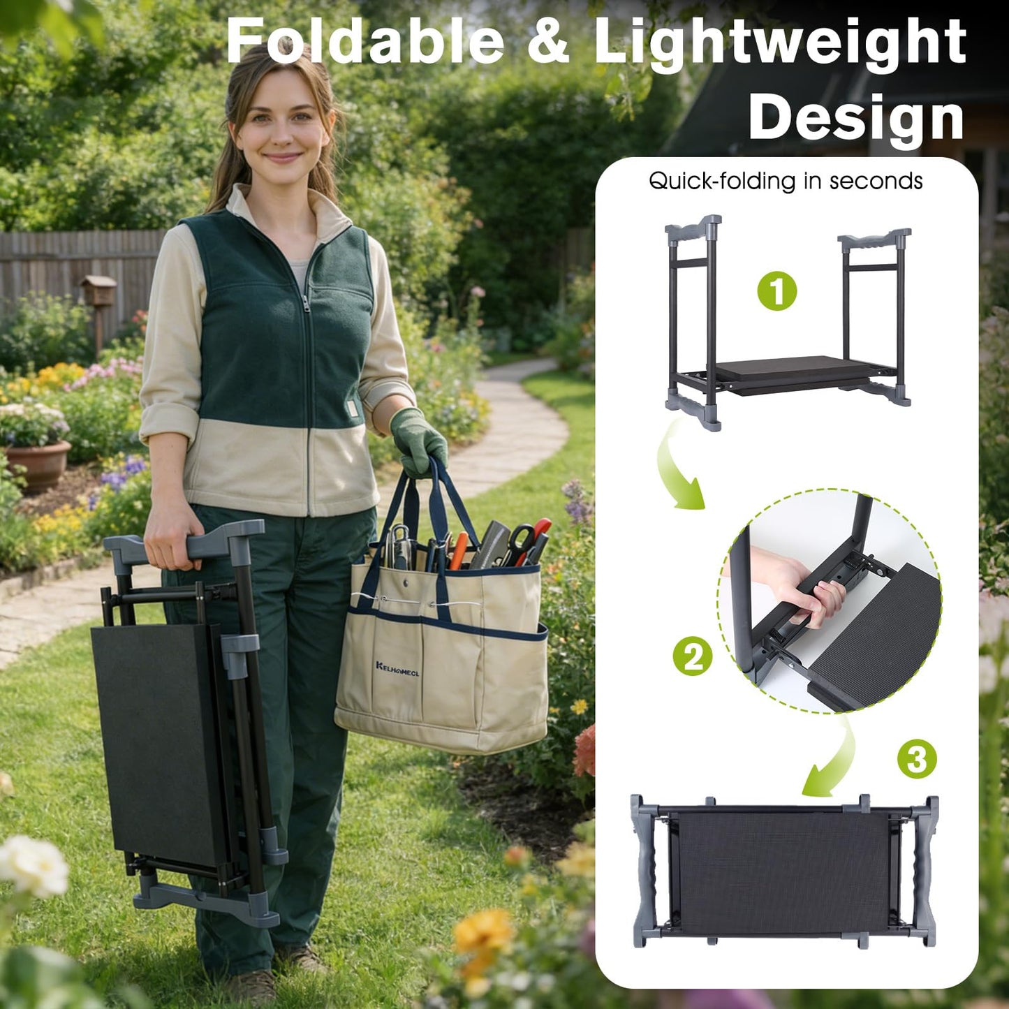 KELHOMECL Garden Kneeler and Seat with Umbrella, 2-in-1 Foldable Gardening Stool with Adjustable Bracket, Detachable Tool Bags, Heavy Duty Kneeling Pad for Gardening (Beige Blue)