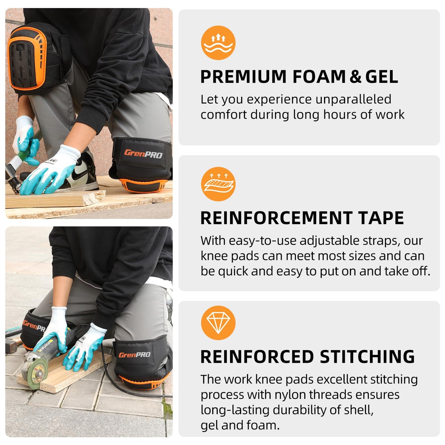 GRENPRO Professional Knee Pads for Work,Heavy Duty Thick Foam Knee Pads Tools,Knee Pad with Soft Gel Cushion for Construction,Work,Flooring,Gardening,Cleaning,Tiling,Orange