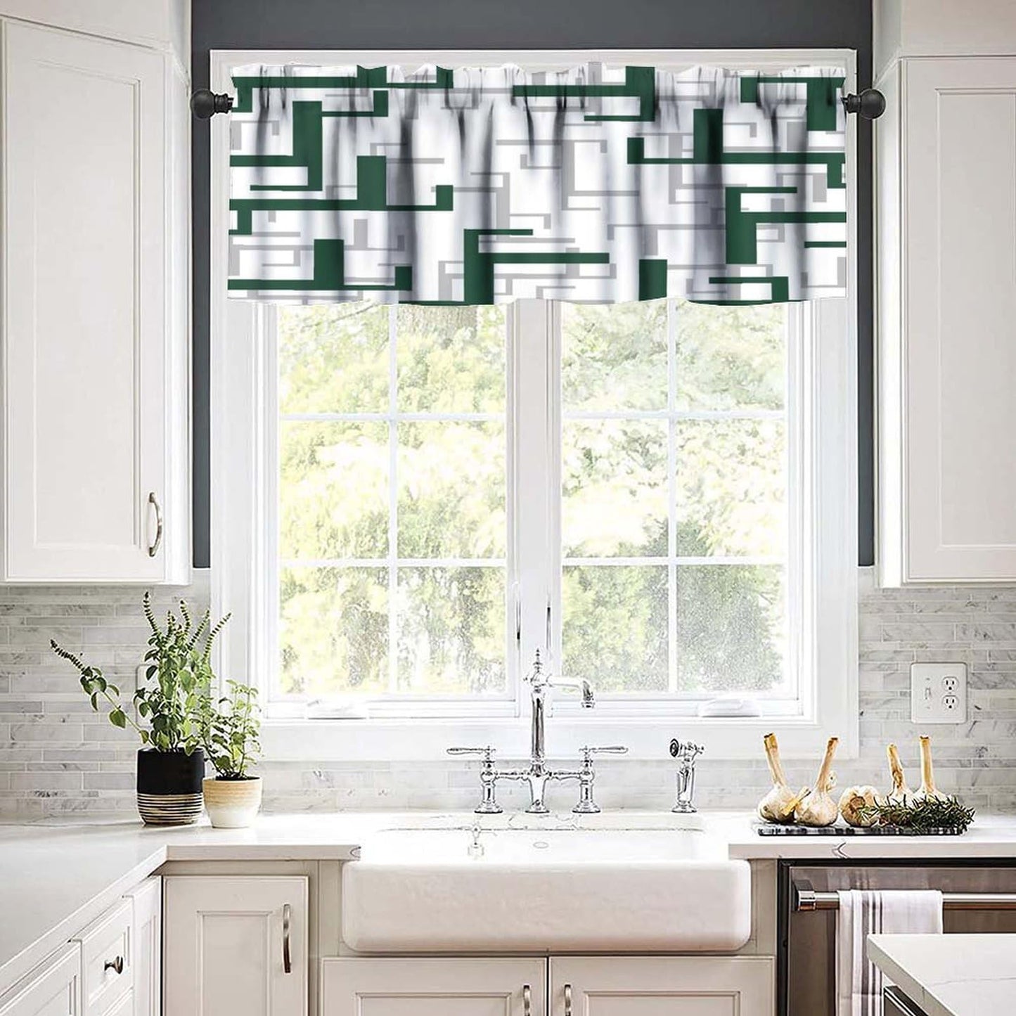 ZhiRain Green and White Valance Curtain Geometric Modern Spa Rod Pocket Valance Window Treatments Short Curtains for Kitchen Bathroom Farmhouse Living Room Bedroom Decor 54x18inch