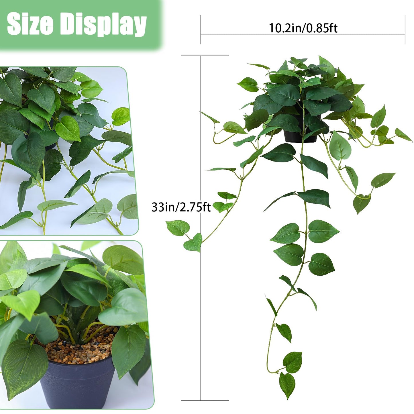 HIFORESTAR Fake Pothos Hanging Plants, 33" Potted Artificial Hanging Plant, Faux Pothos Silk Vines Hanging Plant Greenery for Home Living Room Indoor Decor