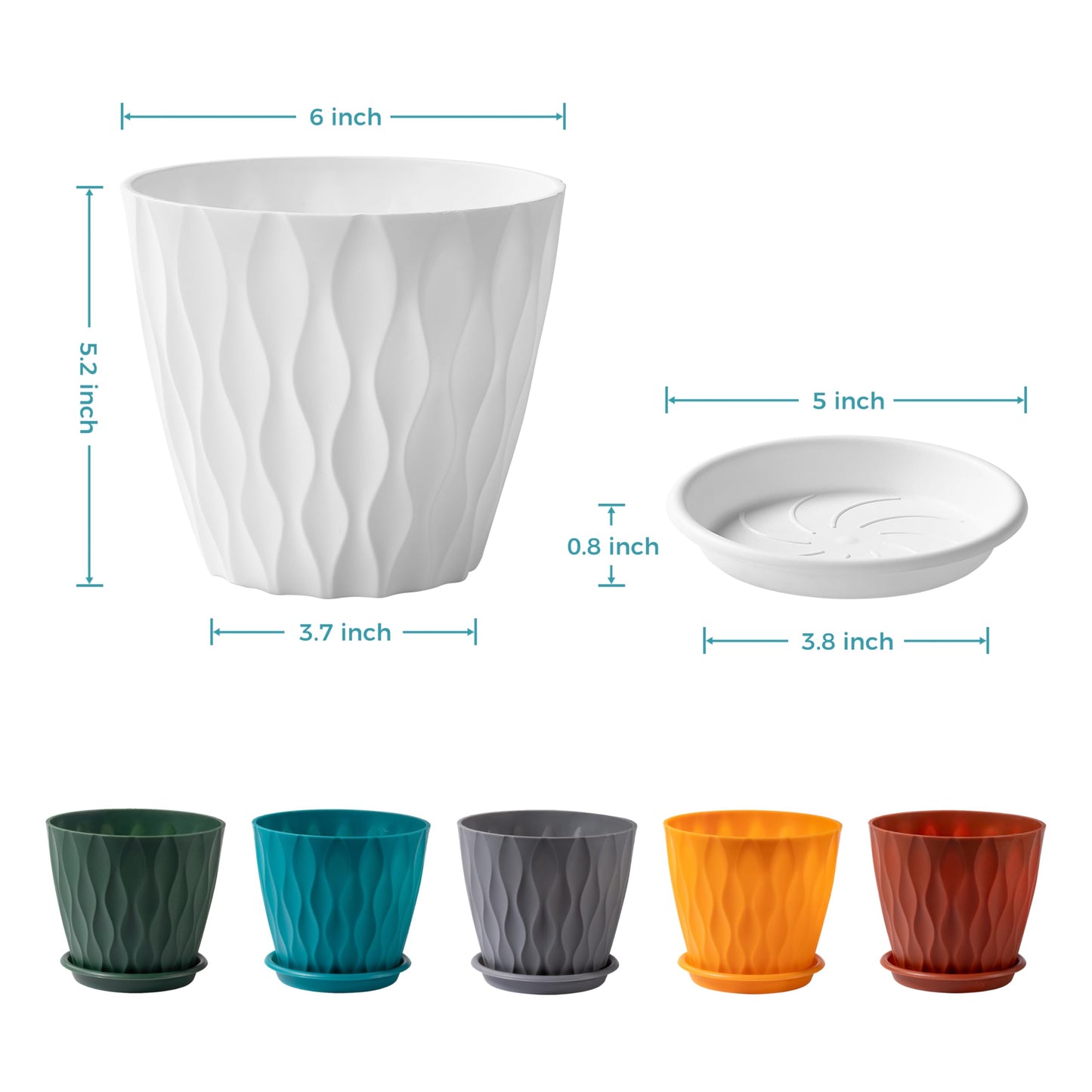 FaithLand 6-Pack 6-Inch Plastic Plant Pots with Saucers | Thickened PP Material, Modern Wave Texture, Enhanced Drainage for Indoor/Outdoor Garden Plants | White Value Set