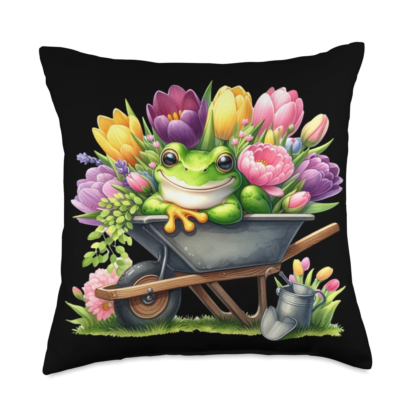 Frog Wheelbarrow Garden Flowers Gardening Frog Aesthetic Throw Pillow