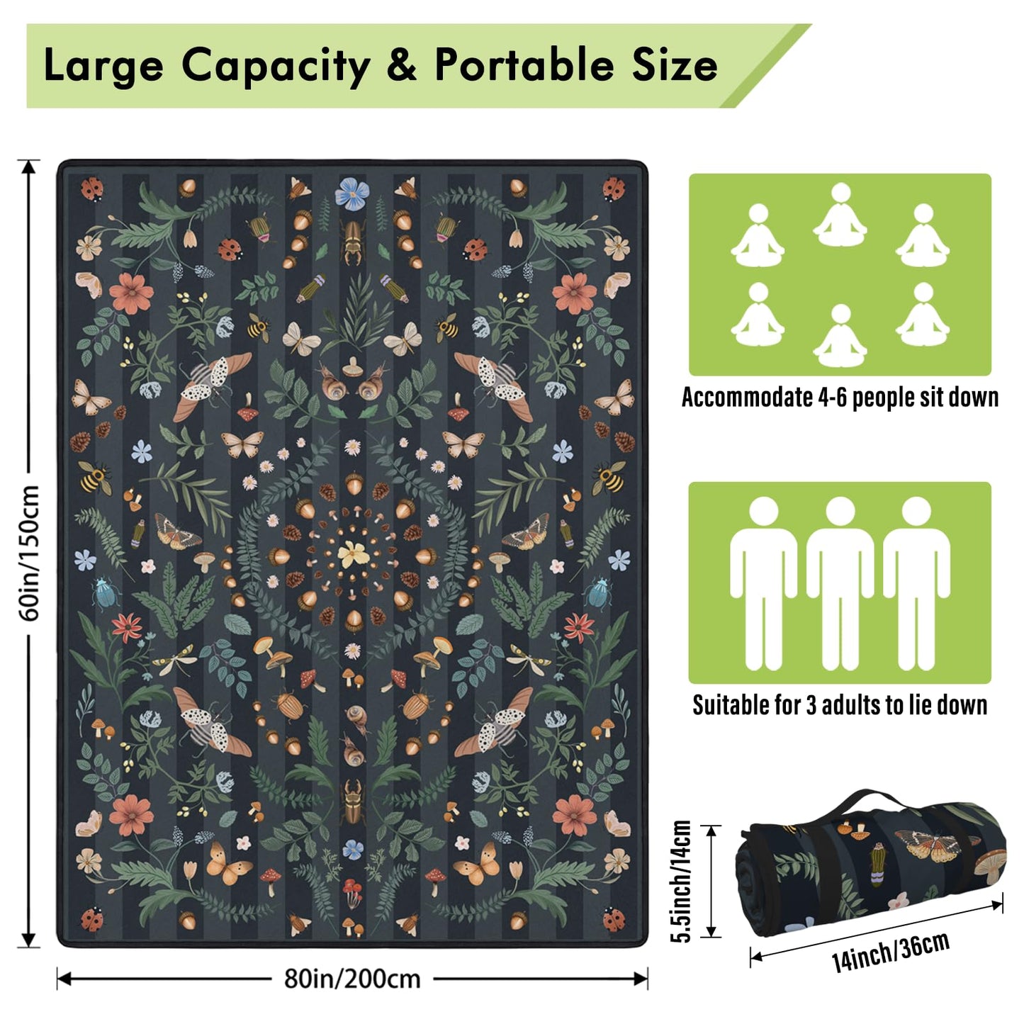 Mushroom Picnic Blankets Waterproof Foldable, 60″X80″ Packable Picnic Mat Insect Outdoor Blanket for Grass, Boho Large Beach Blanket Sandproof Picnic Accessories for Camping Music Festival Park Lawn