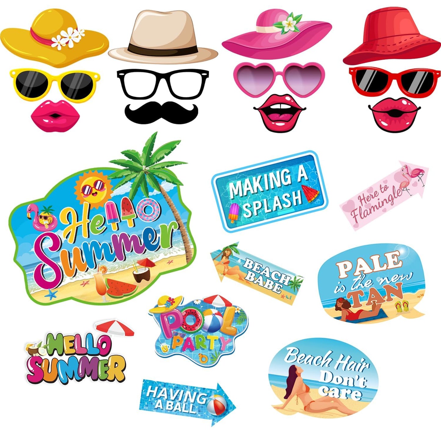 43Pcs Summer Party Decorations Photo Props, Summer Booth Props, Pool Decorations Beach Photo Booth Props, Sum mer Pool Funny Selfie Photo Booth Props for Hawaii Party