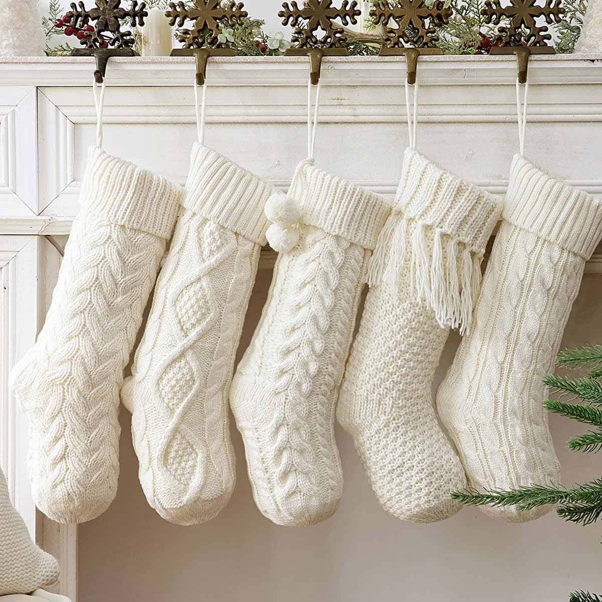 Farmhouse Knitted Personalized Christmas Stockings: 5 Pack 18 Inch Rustic Cable Knit Fireplace Cozy Hanging Xmas Stockings Boho Style Stocking Decorations for Family Holiday Décor, White Beige