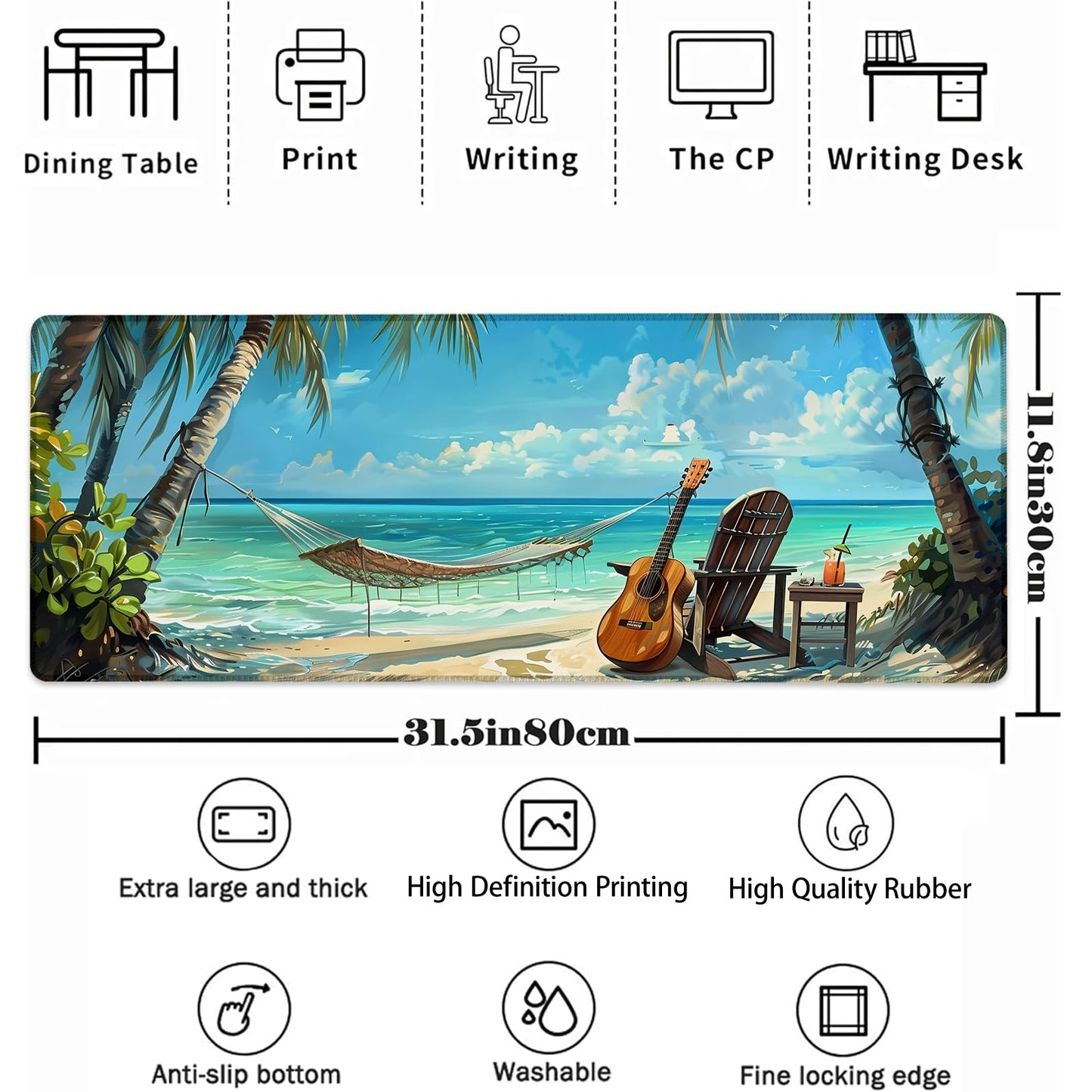 Beach Mouse Pad，Summer Sea Wave Gaming Keyboard Mat，Laptop Computer Protector with Non-Slip Rubber Base，Large Extended MousePads Gifts for Desk Office Home，Deskmat Decor 31.5" x 11.8"
