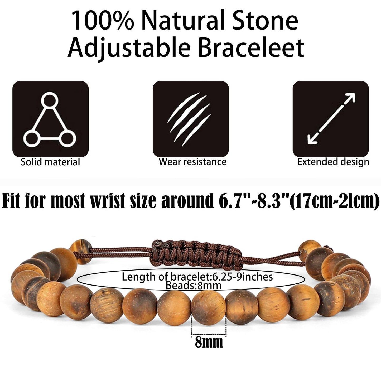 QOGIR Handmade Healing Bracelets,8mm Natural Matte Yellow Tiger Eye Gem Stone Beads Bracelet, for Men Women Gifts with 2PCS Size Adjustable Rope Bracelets