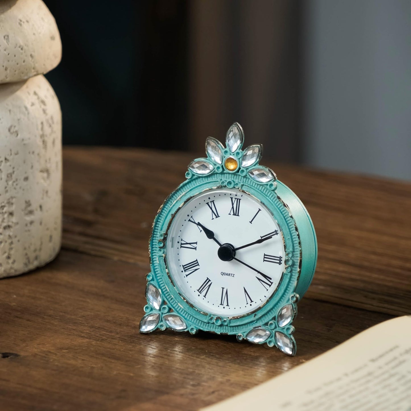 NIKKY HOME Vintage Pewter Quartz Mini Table Clock with Crystal Shining Rhinestone, 2.87 x 1.37 x 3.87 Inches, Aqua