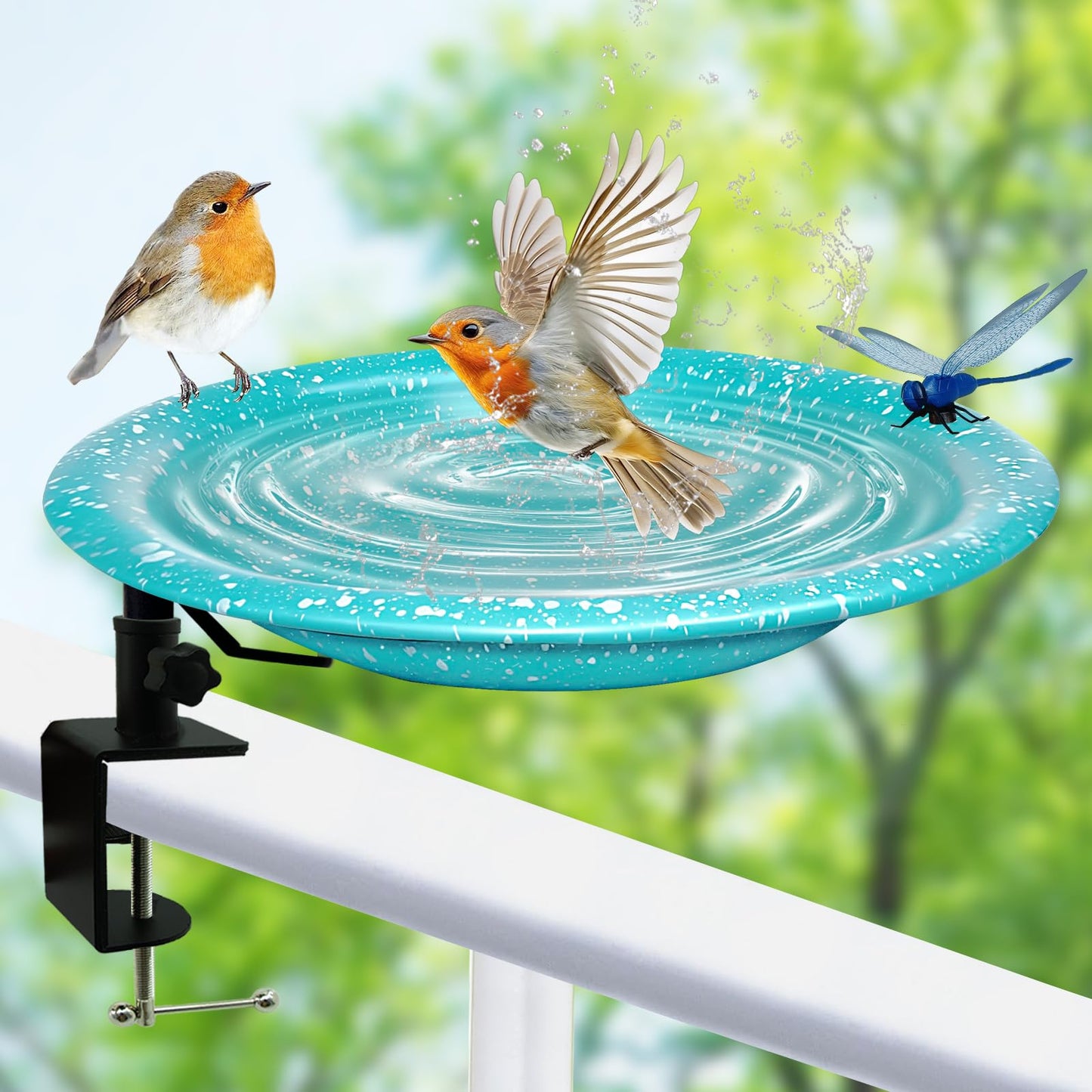 Deck Mounted Bird Bath,Premium Bird Water Feeder Bowl with Adjustable Clamp for Railing–Detachable & Weather Resistant Outdoor Garden Decor 11.5Inch (Sky Blue with White Dots)