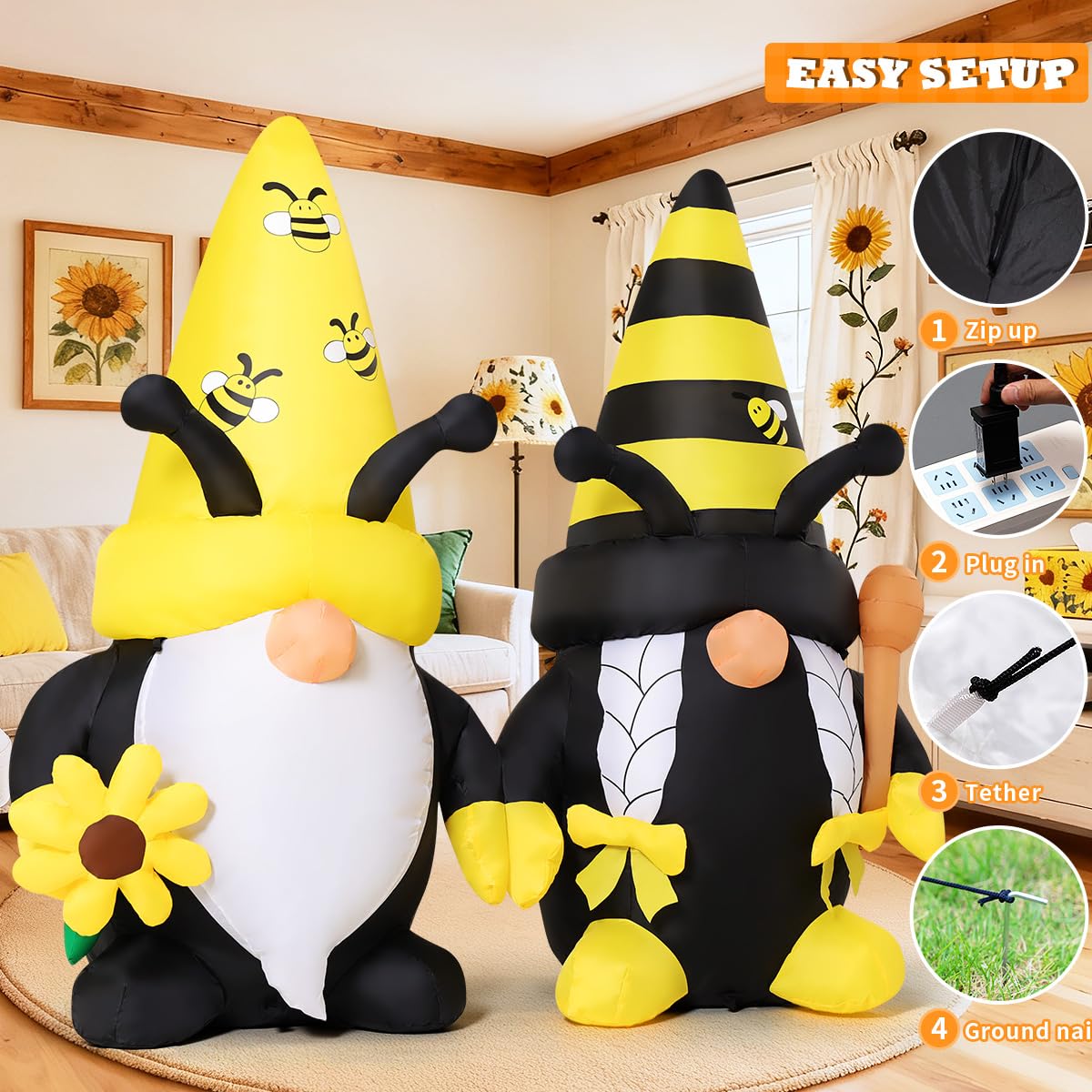 GOOSH 6 FT Long Spring Inflatables Gnomes Decorations Blow Up Yard with Bees and Sunflower Built-in LEDs for Garden Lawn Indoor Party Decor