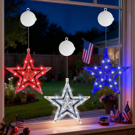 4th of July Window Lights with Timer, Red White Blue Star Lights Battery Operated with Suction Cup Hook, LED Hanging Patriotic Decor for Memorial Day Independence Day Home Room(Red White Blue)