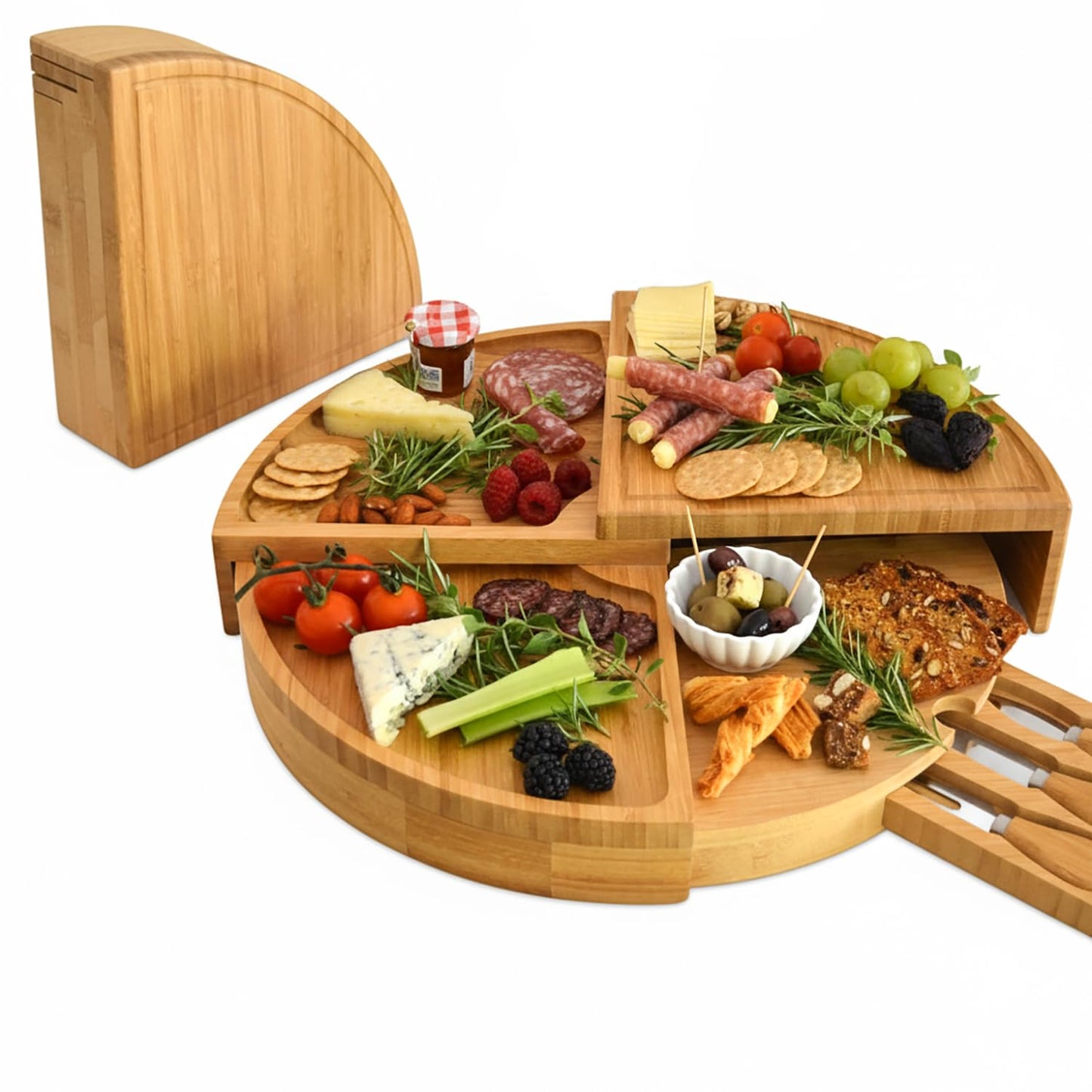Picnic at Ascot Patented Bamboo Cheese/Charcuterie Board with Cheese Knife Set - Stores as a Compact Wedge - Opens to 18" Diameter - Designed & Quality Checked in USA