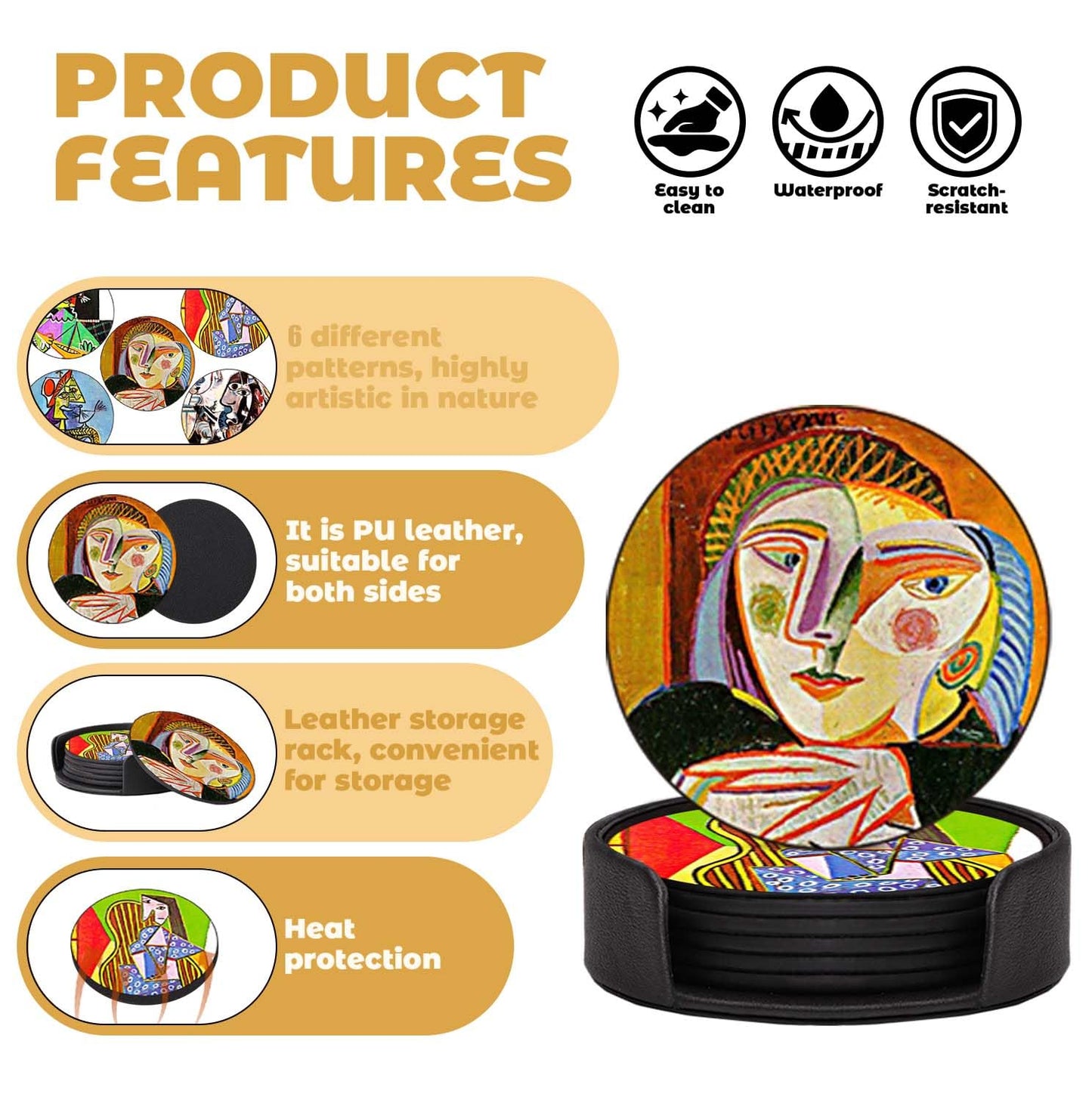 ABCHCHS Coasters Set of 6 - Pablo Picasso Style- PU Leather Coasters for Drinks with Holder - Handmade Round Drink Coasters Set for Home Decor and Housewarming Gift