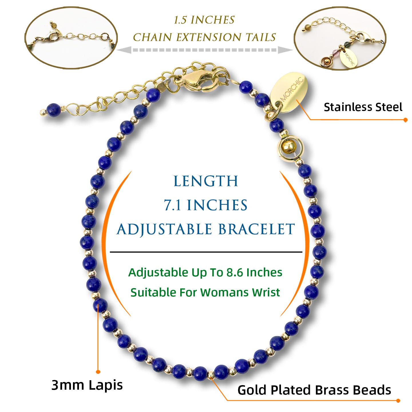 Morchic 3mm Blue Lapis Lazuli Natural Gemstone Beaded Bracelet for Women, Dainty Tiny Charm Jewelry, Adjustable 7.1-8.6", Ideal Birthday Holiday Gift