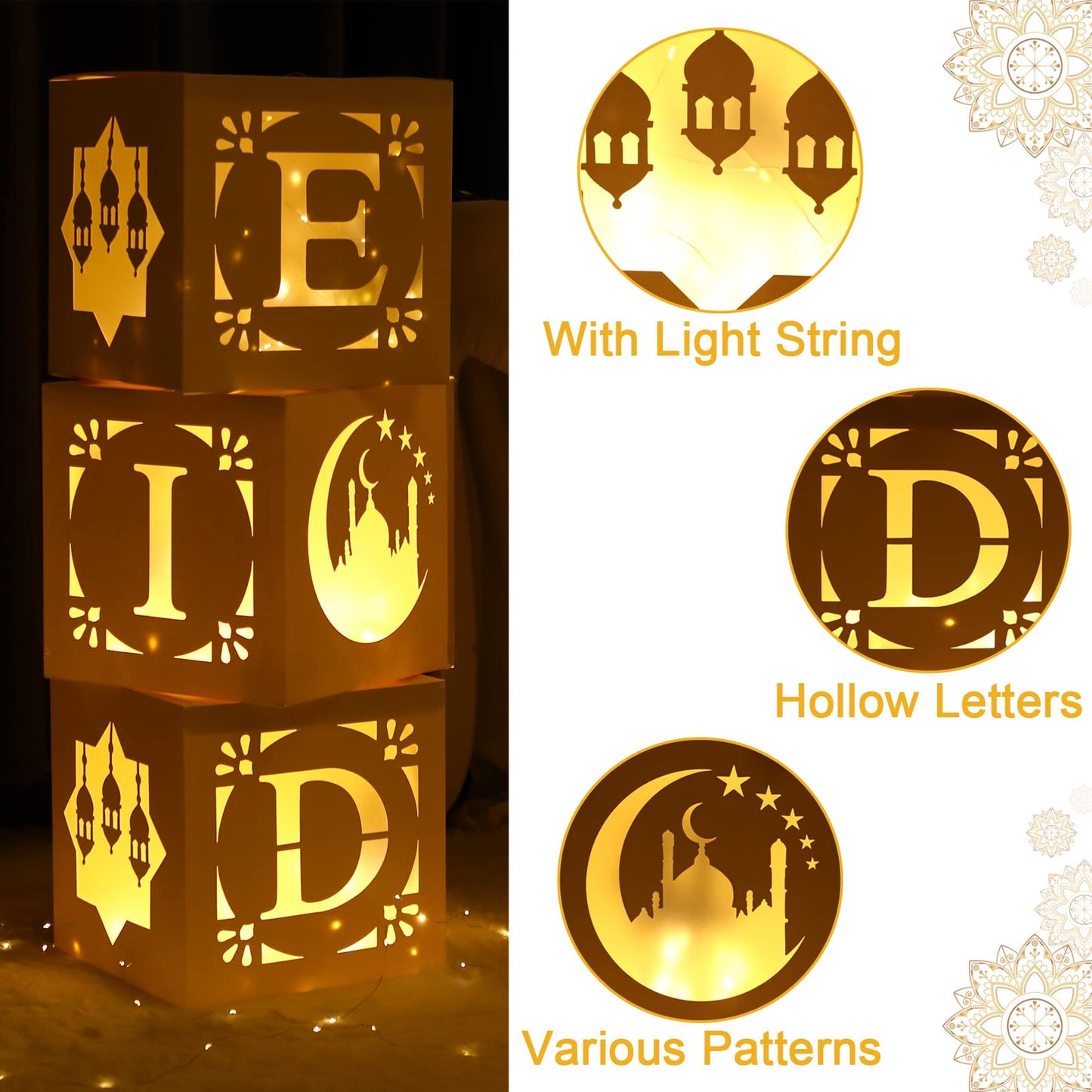 Eid Decoration Boxes with Light - 3pcs White Hollow-Out Paper Boxes with Warm Light String, Cultural Elements Box for Eid al-Fitr Decor al-Adha Festival Ramadan Mubarak Muslim Islamic Supplies