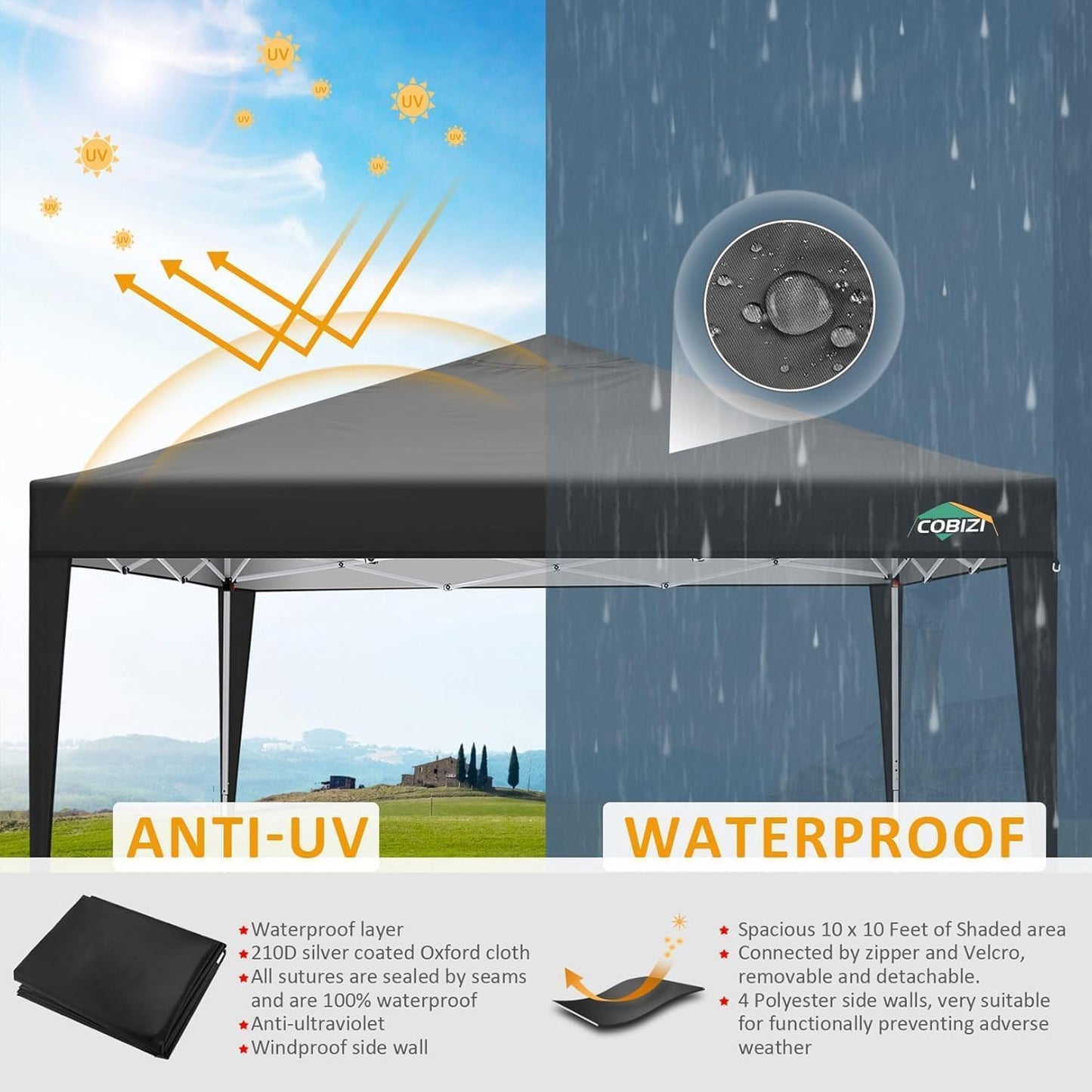 COBIZI 10x10 Pop Up Canopy Tent with 4 Sidewalls Party Tents Waterproof UPF 50+ Commercial Instant Outdoor Events Tent for Parties Markets Backyard, Ropes（10 x 10 ft Black