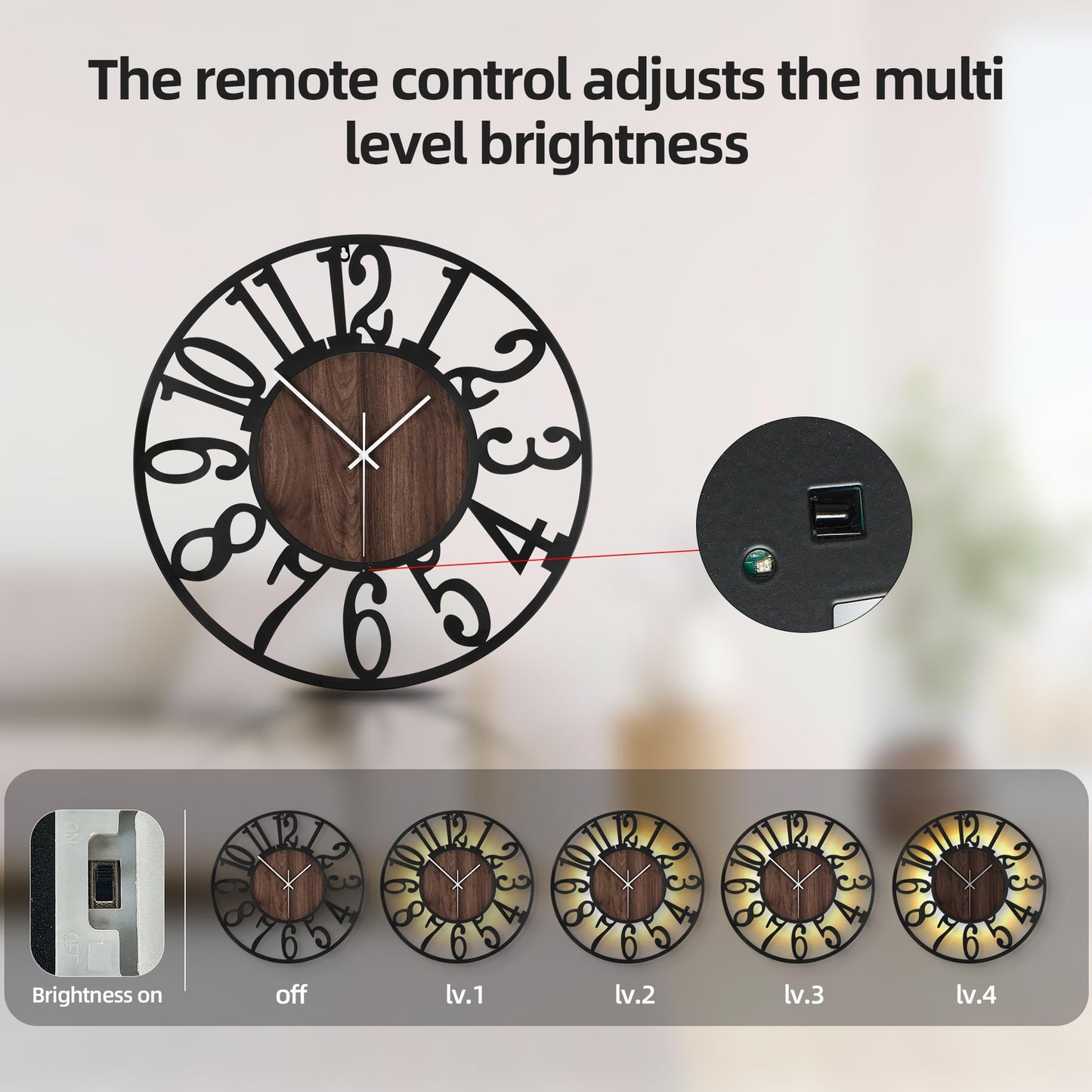LEIKE Large Wall Clock 20'' Lighted Rustic Wood Clock with Remote Timer, Silent Battery Operated Modern Oversized Wall Clock for Living Room, Bedroom, Farmhouse, Home Decor, Large Number Display