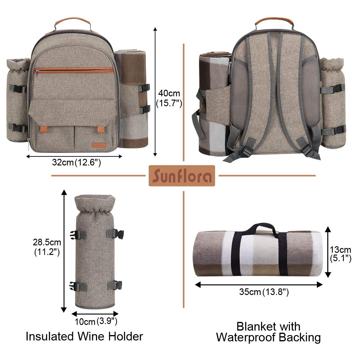 Sunflora Picnic Backpack for 4 Person Set Pack with Insulated Waterproof Pouch for Family Outdoor Camping (Brush Beige)