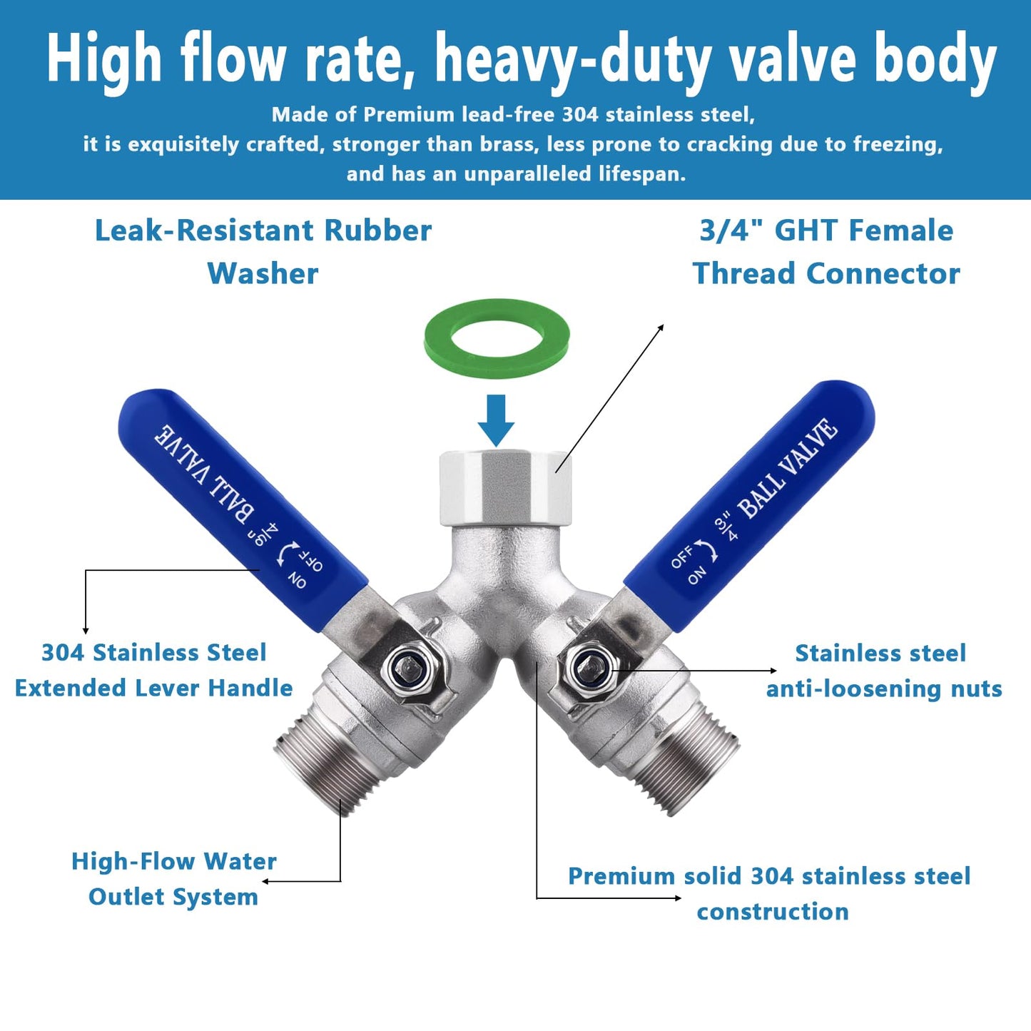 SNUTUYA 304 Stainless Steel Garden Hose Splitter 2 Way Heavy Duty, Full Flow Y Valve Water Hose Splitter With Long Handle, Lead-free，3/4" GHT Thread