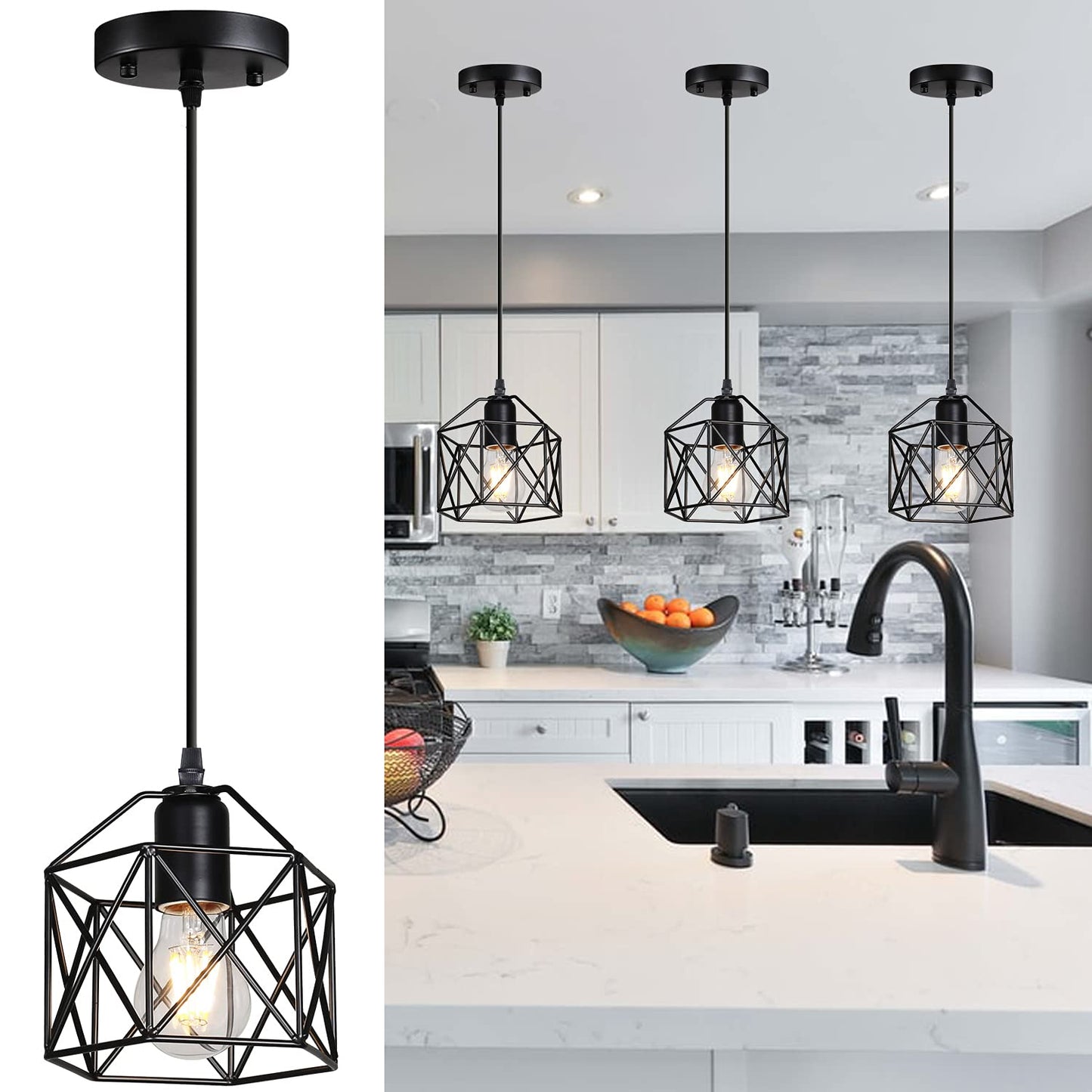 Laihezz 1-Light Vintage Hanging Light Pendant Light Fixture Farmhouse Basket Cage Hanging Ceiling Light with Metal Caged for Kitchen Island Dining Restaurant Room Hallway Hotel Bar…