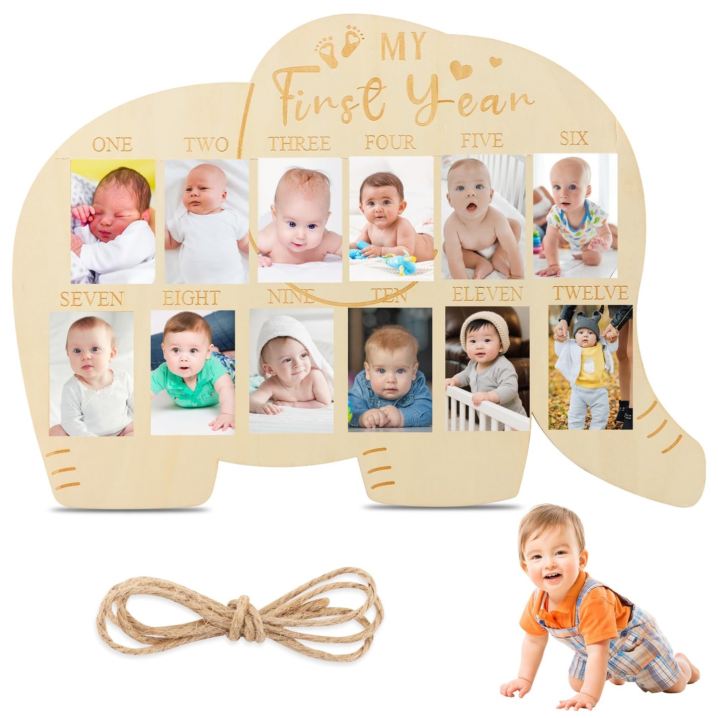 XIHUADOU My First Year Picture Frame – One-Year Photo Board for Baby, 12-Month Collage Keepsake with Stand, Gender Neutral Design for Baby Showers, New Mom Gifts & Nursery Decor (Elephant Sign)
