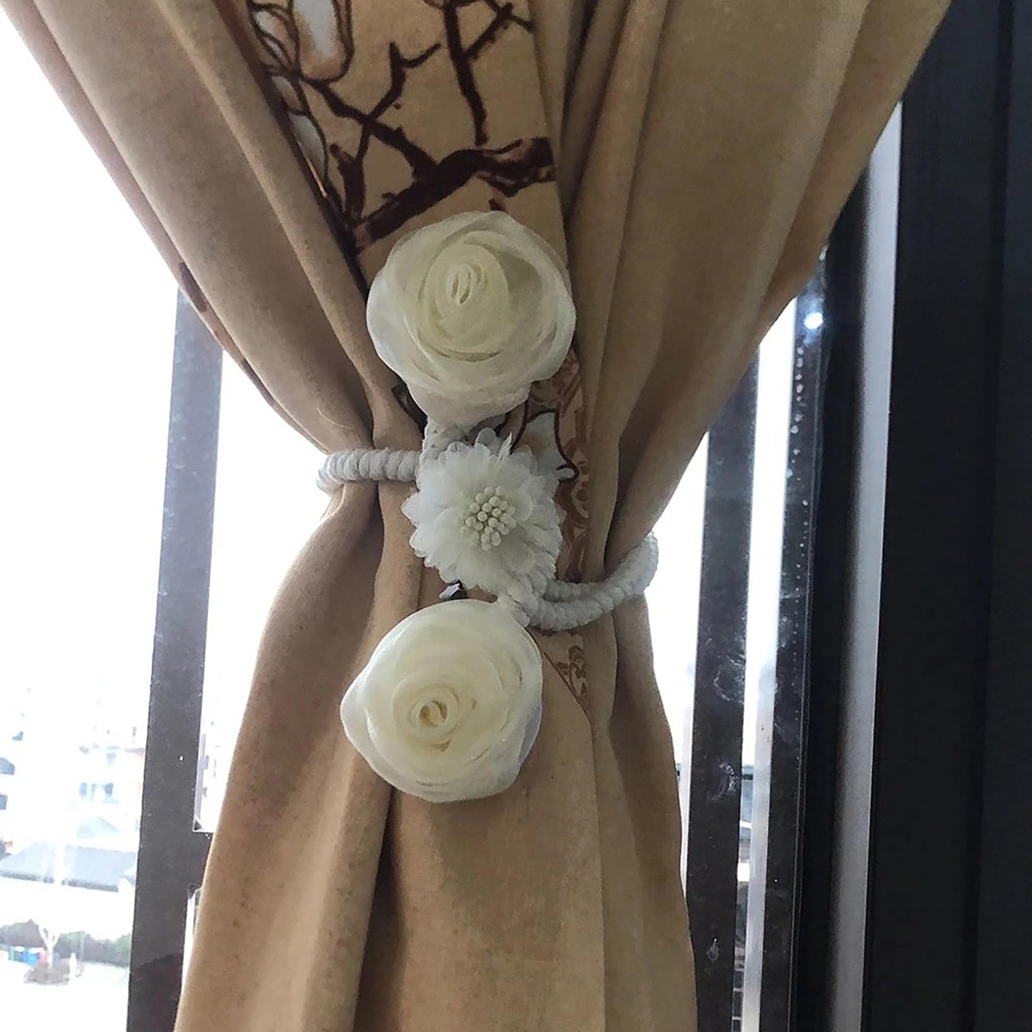 2 Pack of Curtain Tiebacks,Elegant Rose Flower Curtain Buckle,Handmade Flexible Curtain Tiebacks Decorative for Home/Office/Patio