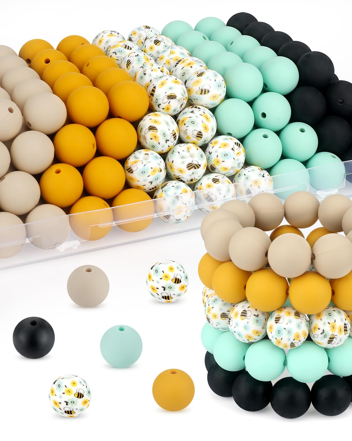 SALUOKE 100 Pcs 15mm Silicone Beads for Keychain Making, Bee Silicone Beads Bulk Round for Bracelets Pens Crafts Jewelry Making (Bee)