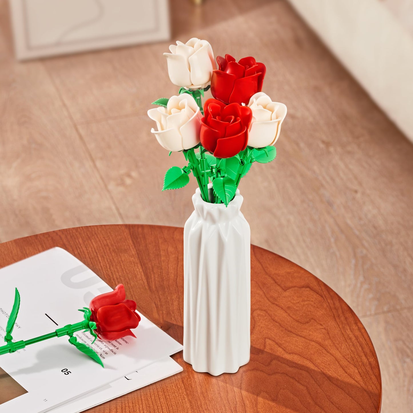 EWED Rose Flower Bouquet Building Set: Artificial Flowers Botanical Collection Blocks Kit for Women Girls Wife Adults Home Decor Thanksgiving Christmas Mother's Day Valentine's Gifts 6-Pack