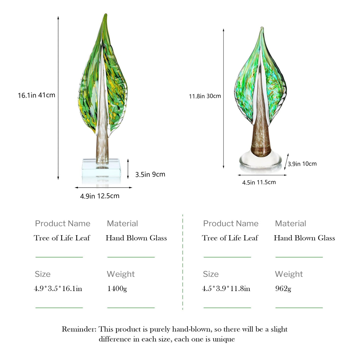 QFkris Blown Glass Tree of Life Leaf Sculpture for Home Decor, 12inch Hand Blown Glass Art Decorative Statue for Book Shelf Living Room Office Desk Home Decoration Accents Collectible Figurines