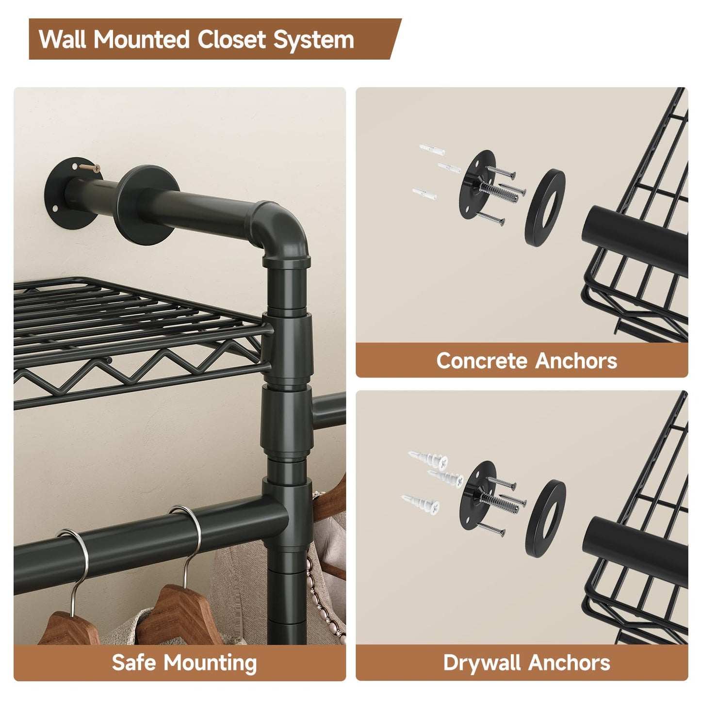 Wall Mounted Garment Rack, Walk-in Closet System with 4 Expandable Rods, 8 Adjustable Shelves, Industrial Pipe Clothing Racks, Hanging Clothes Organizers and Storage, Metal Closet Shelving Black