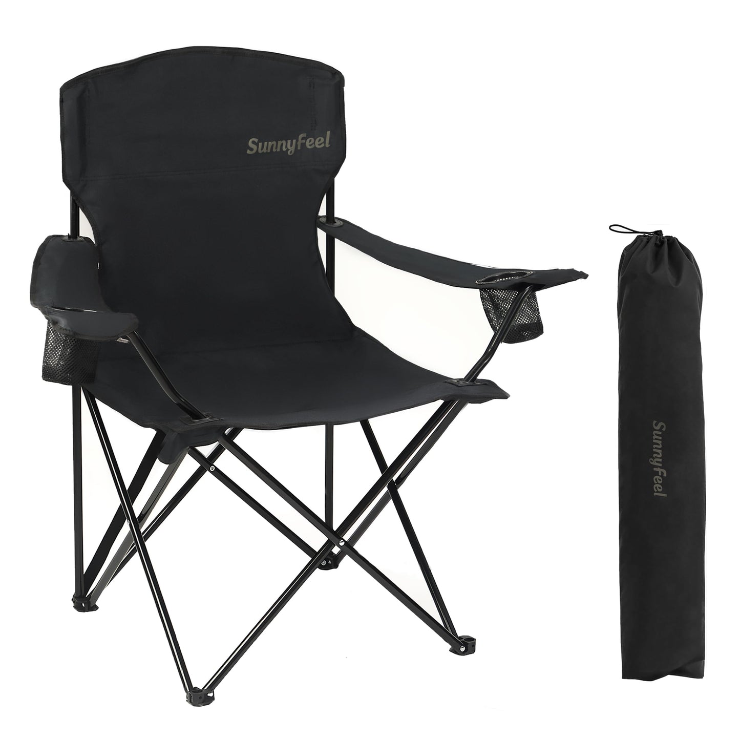 SUNNYFEEL Portable Camping Chair with Side Pockets & Cup Holder 500LBS Capacity Padded Portable Outdoor Chair, Carry Bag Included, Great for Camping, Tailgating, Firepits, Patio, & More Black
