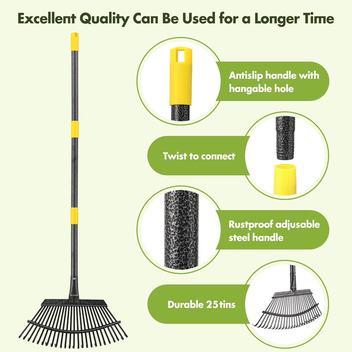 INFLATION Garden Rake for Leaves Heavy Duty Women Men Grandpas for Lawns,79” Length 18” Width Adjustable 25 Tines Sturdy Metal Yard Leaf Rakes with Non-Slip Comfortable Smooth Long Handle