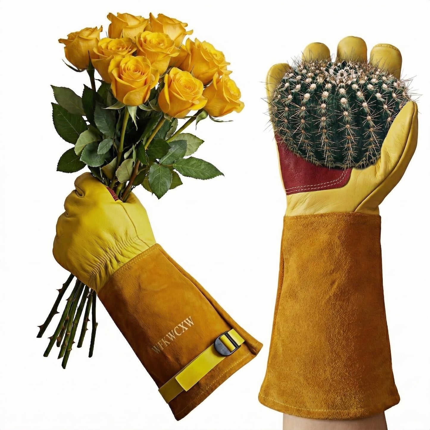 wfkwcxw Gardening Gloves for Women/Men Thorn Proof, Premium Leather Work Gloves for Cactus & Rose Pruning, Adjustable Wrist Strap, Yellow, Medium