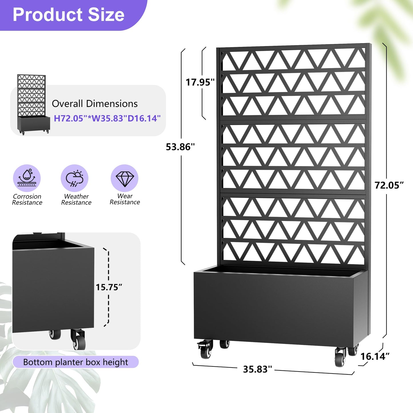 Mobile Planter Box with Trellis, 72H x 35.8W x 16.1D inches, Trellis Privacy Screen for Climbing Plants, Vegetables, Vines, Weather-Resistant Metal Frame, Rolling Wheels