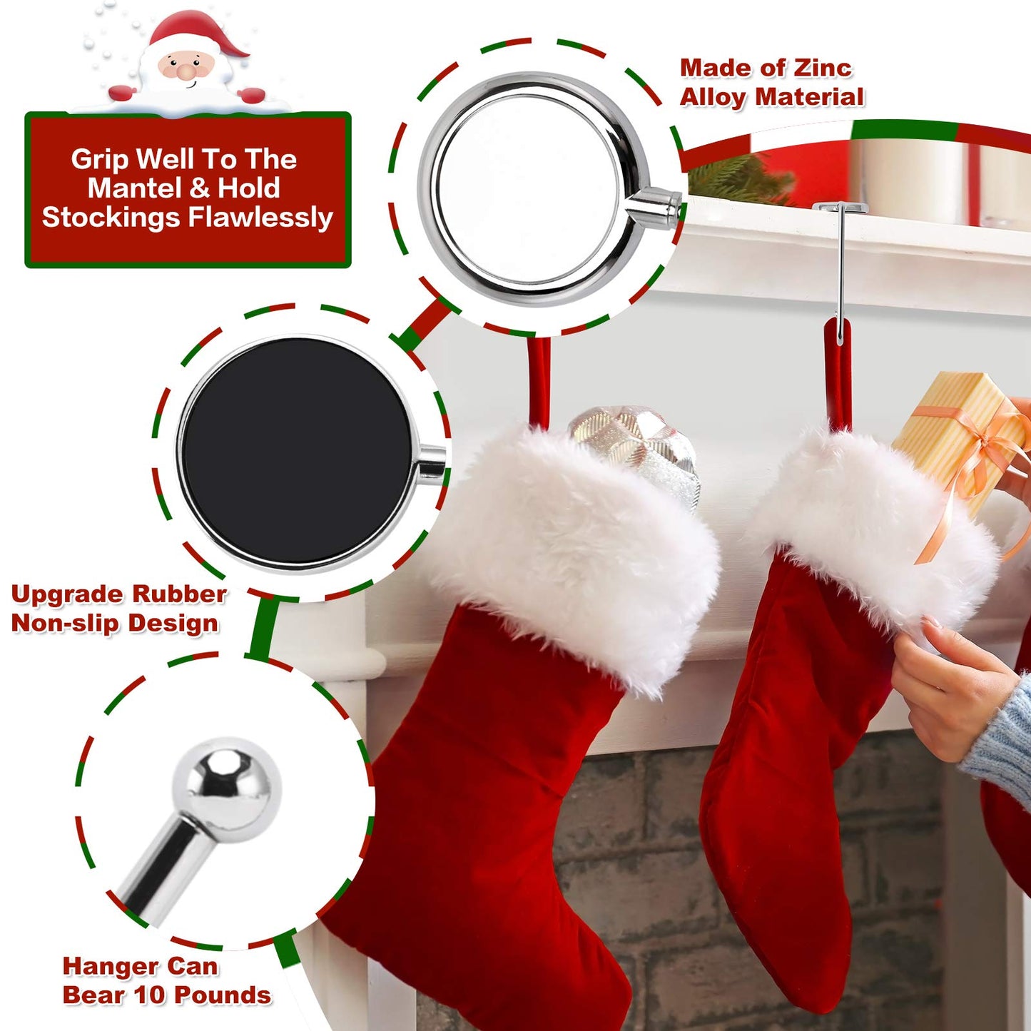 365park Christmas Stocking Holders for Mantle, 6 Pack Mantel Stocking Hangers Metal Hooks for Fireplace Christmas Xmas Party Decoration (Silver)