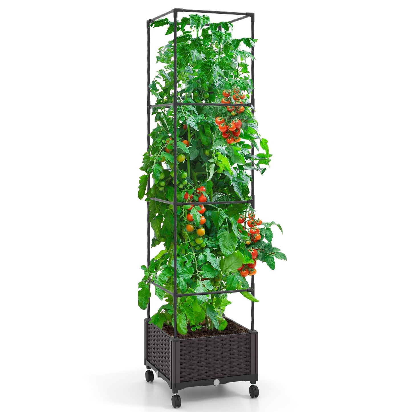 Giantex Raised Garden Bed with Tomato Cages, 67” Adjustable Height, Self Watering Planter Garden Box with Wheels, Trellis for Climbing Plants Vegetable Flower
