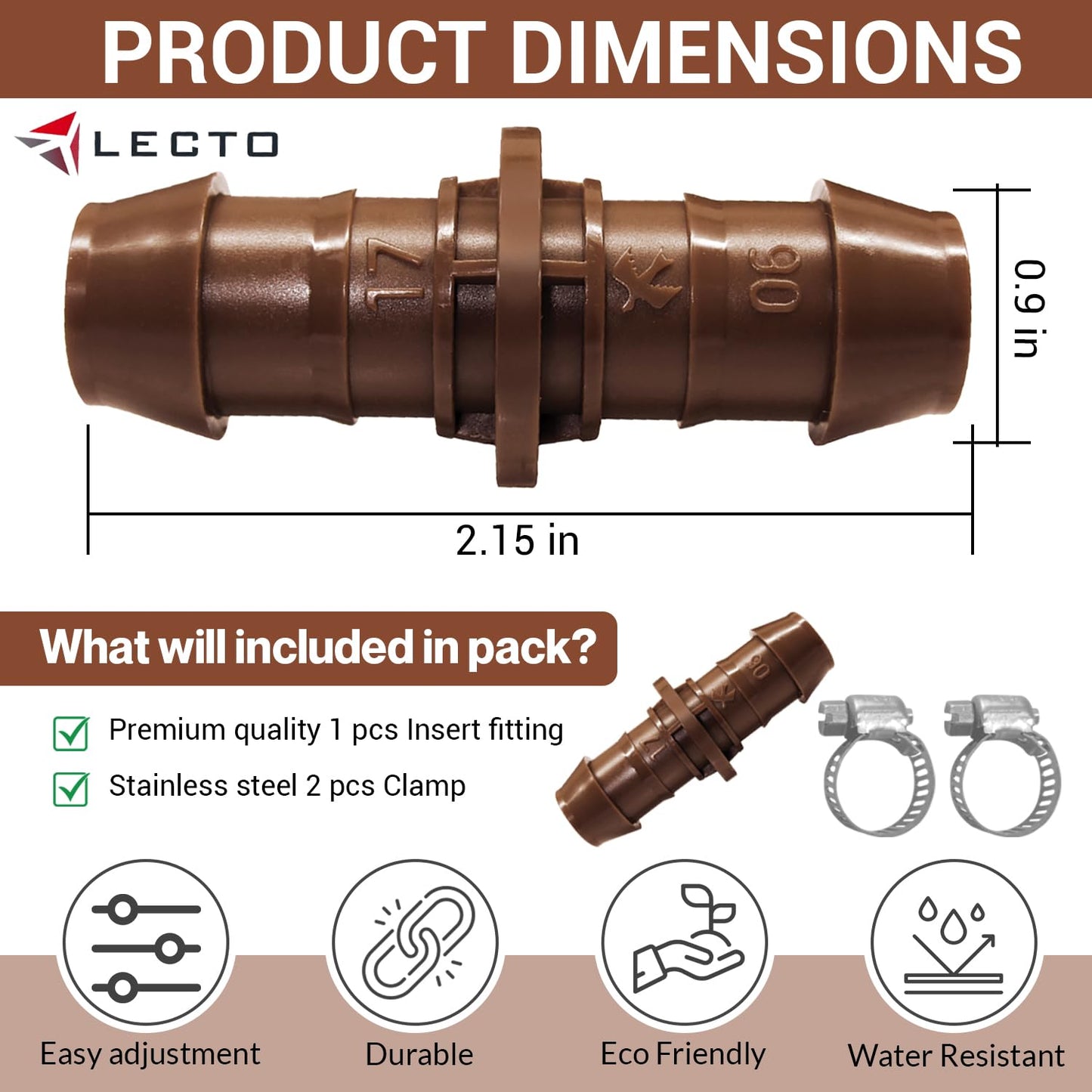 LECTO Universal 5/8", 1/2", .700" Drip Line Repair & Extension Kit – 3 Pack Plastic Couplers with 6 Stainless Steel Hose Clamps