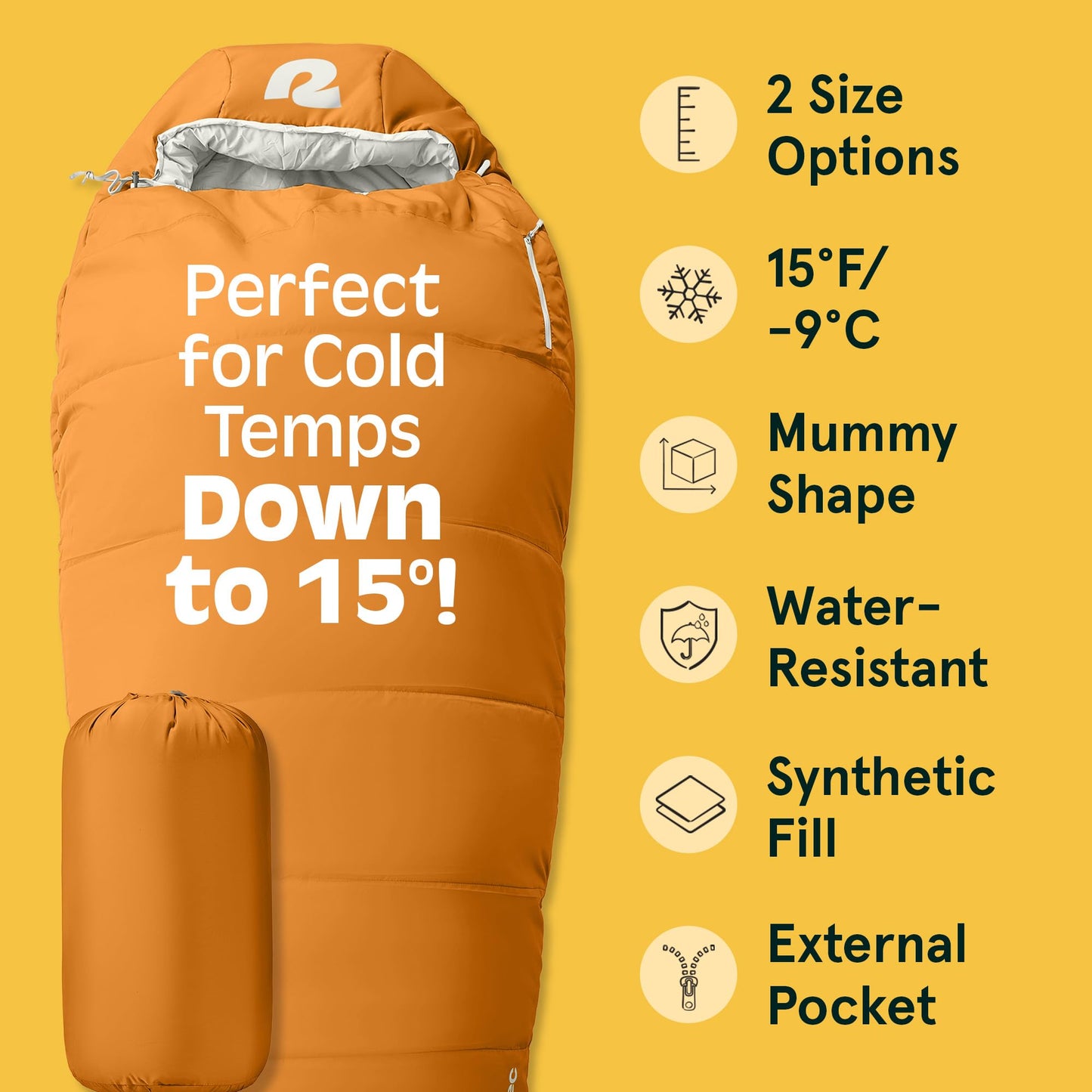 Retrospec Dream 15 Mummy Sleeping Bag for Camping - Insulated Cold Weather, Lightweight, Water-Resistant With Adjustable Draw Cords and Stuff Sack