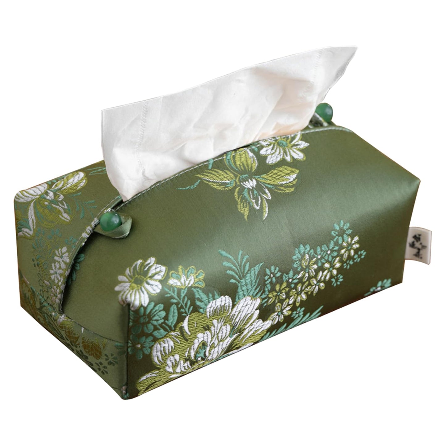 Zovylks Brocade Fabric Tissue Box Cover, Exquisite Jacquard Soft Fabric, Green Peony Floral Patterns, Rectangle Tissue Box Holder for Livingroom, Bedroom, Car, Office Desktop Decor (Dark Green)