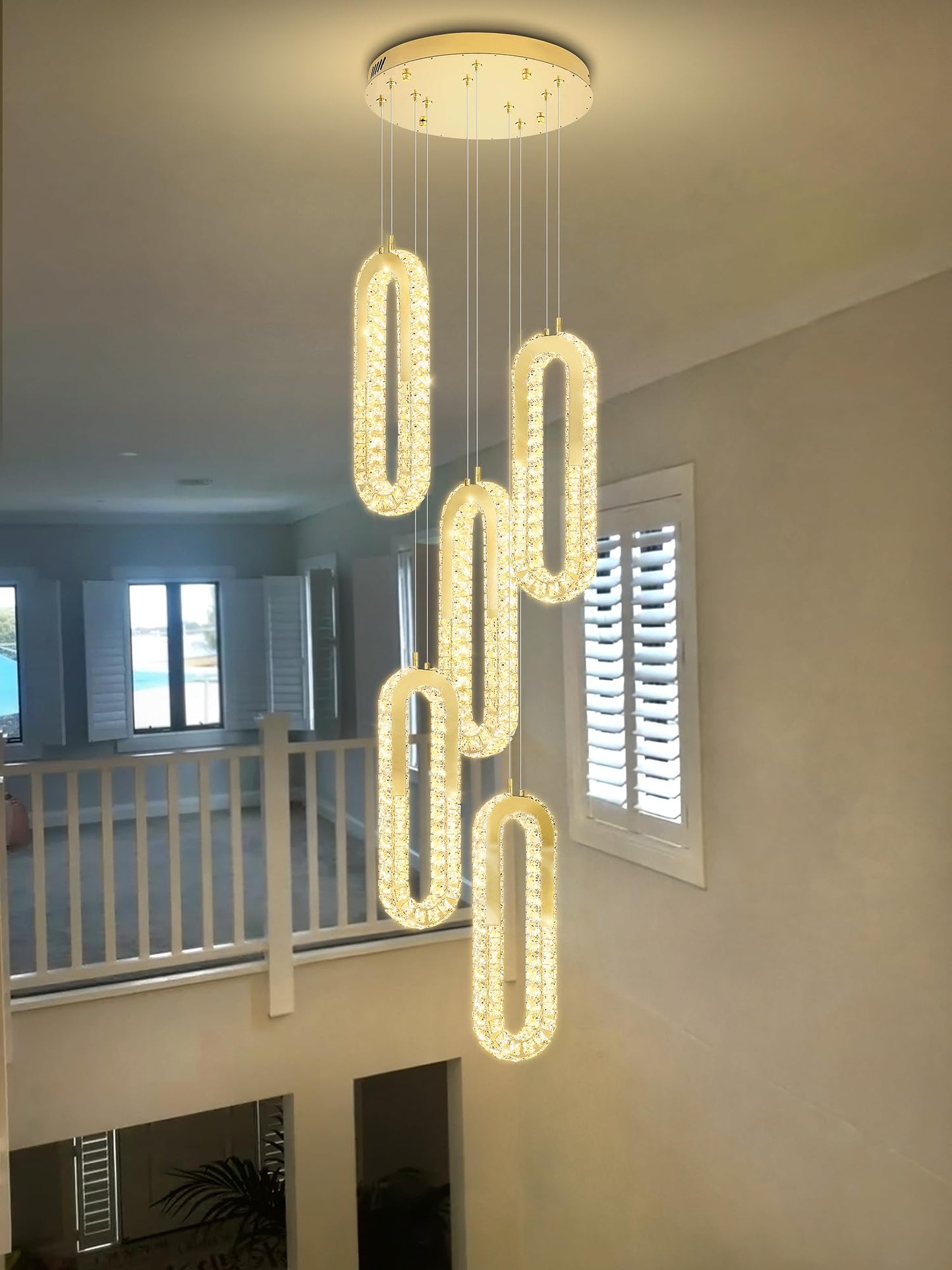 ykolupty 5-Lights Modern Crystal Chandelier for High Ceiling LED Dimmable Ring Pendant Chandeliers Stairwell Chandelier Lighting Gold