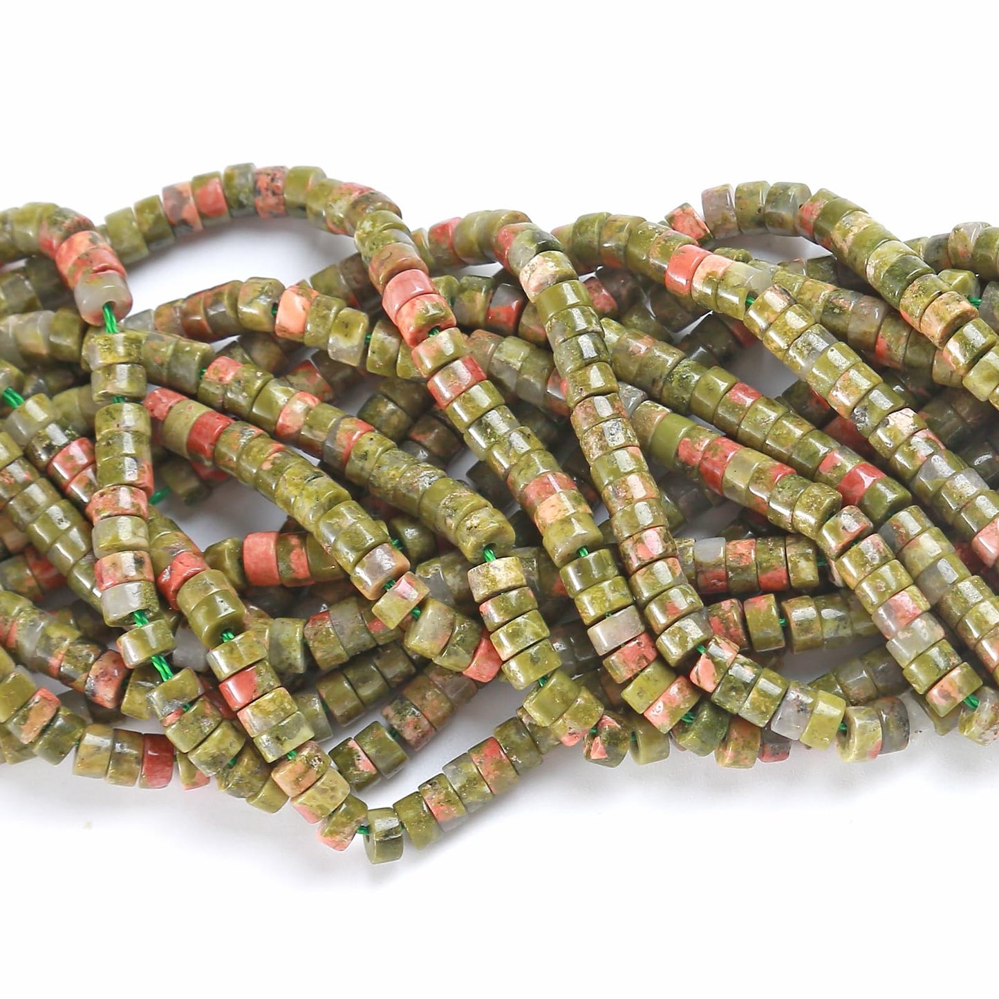 150pcs 2x4mm Natural Unakite Green Stone Tube Shape Beads Loose Flat Round Cylinder Flat Spacer Green Stone Beads for Bracelet Earrings Jewelry Making