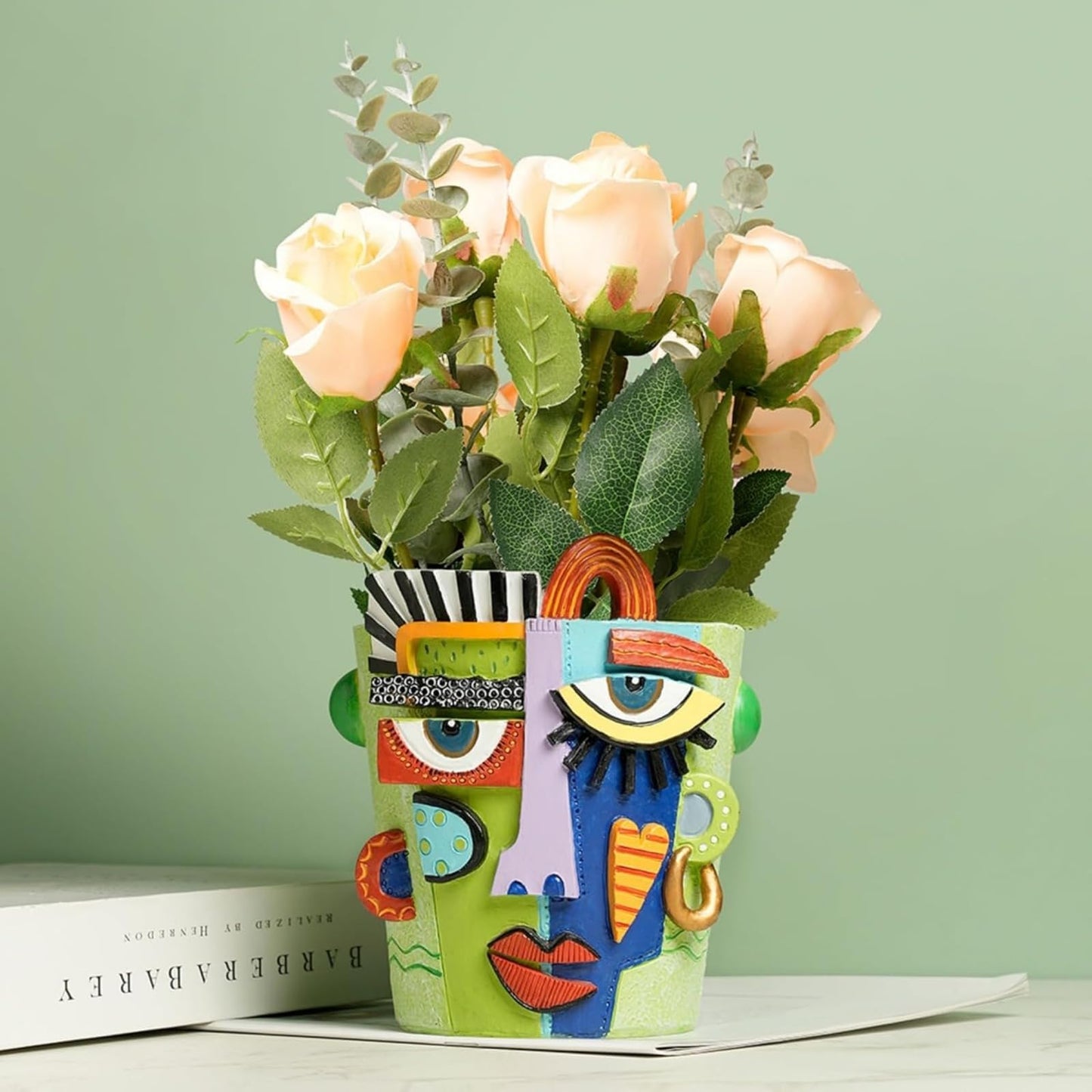BJVF Mint Green Abstract Face Planter Pot/Picasso Flower Pot, Unique Head Planters for Indoor Plants, Abstract Face Decor, Picasso Pots for Home Decor (Large)