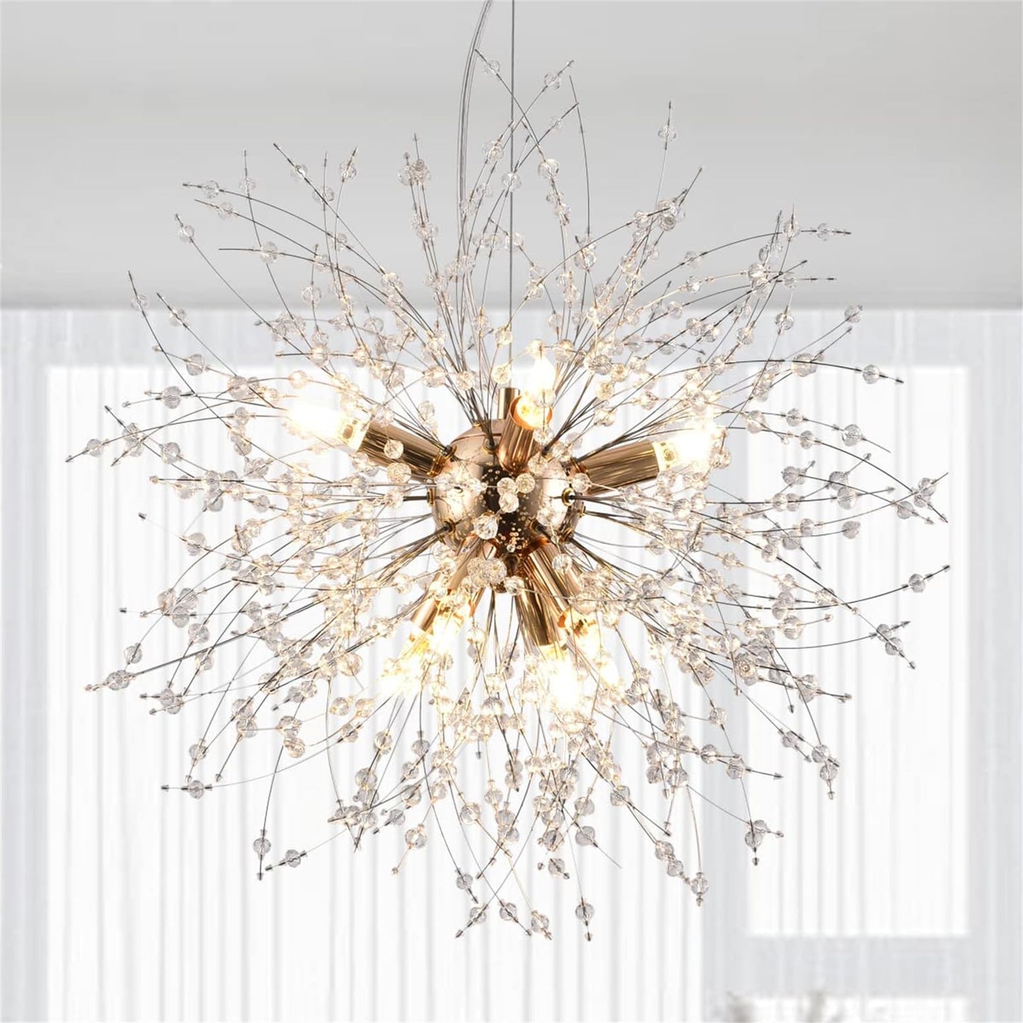 YUFENG Modern Dandelion s, Crystal Fireworks Sputnik Ceiling Light Fixture, Round Pendant Lighting for Dining Room Living Room Bedroom Bathroom Kitchen Foyer Girls Room,Silver 8Lights